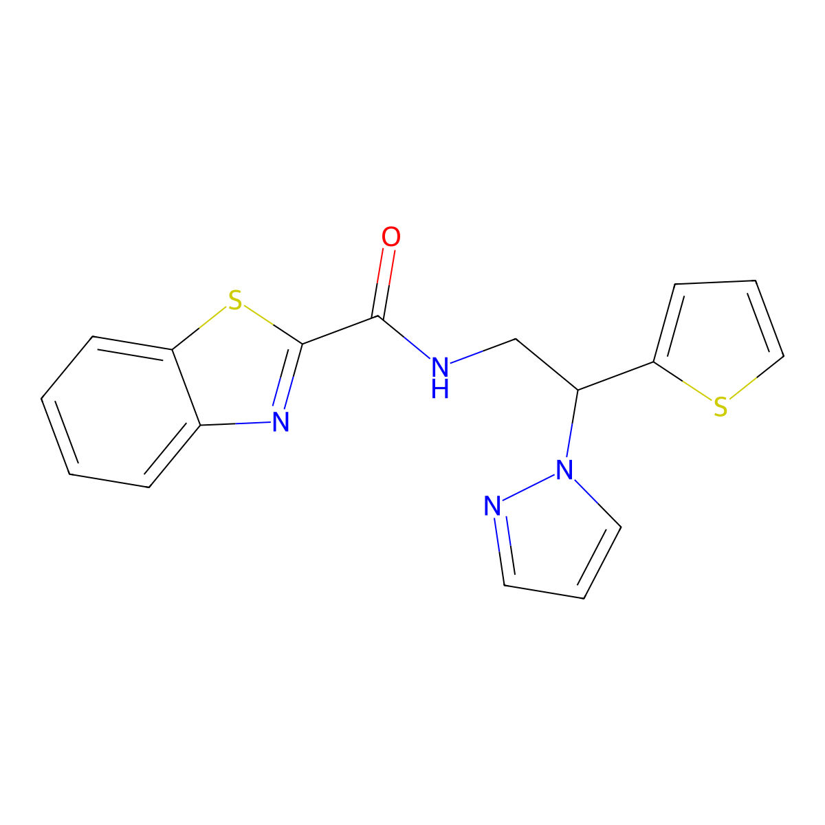 N-[2-(1H-pyrazol-1-yl)-2-(thiophen-2-yl)ethyl]-1,3-benzothiazole-2-carboxamide molecular structure, CAS 2034497-73-7