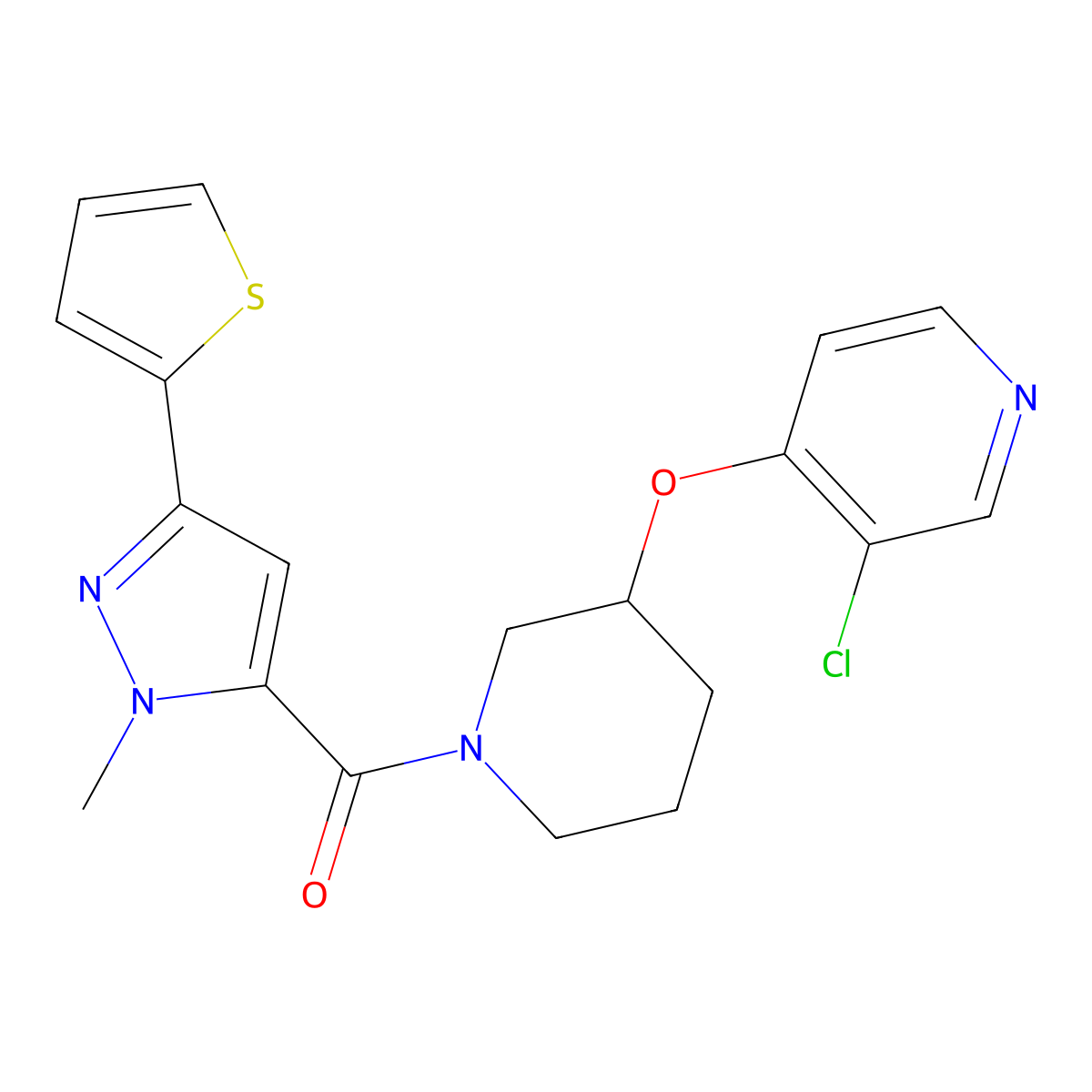 (3-((3-chloropyridin-4-yl)oxy)piperidin-1-yl)(1-methyl-3-(thiophen-2-yl)-1H-pyrazol-5-yl)methanone molecular structure, CAS 2034497-81-7