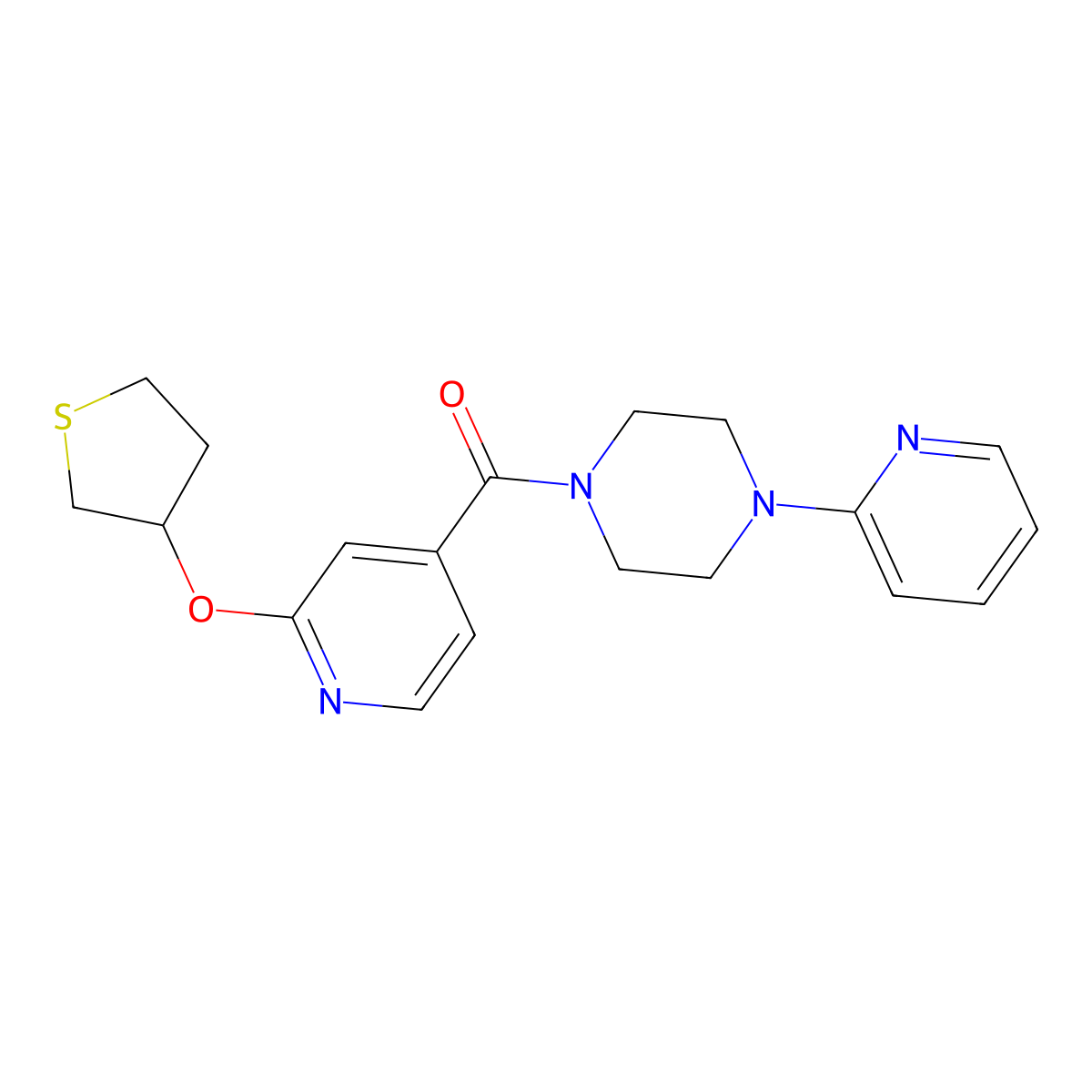 (4-(Pyridin-2-yl)piperazin-1-yl)(2-((tetrahydrothiophen-3-yl)oxy)pyridin-4-yl)methanone molecular structure, CAS 2034498-02-5