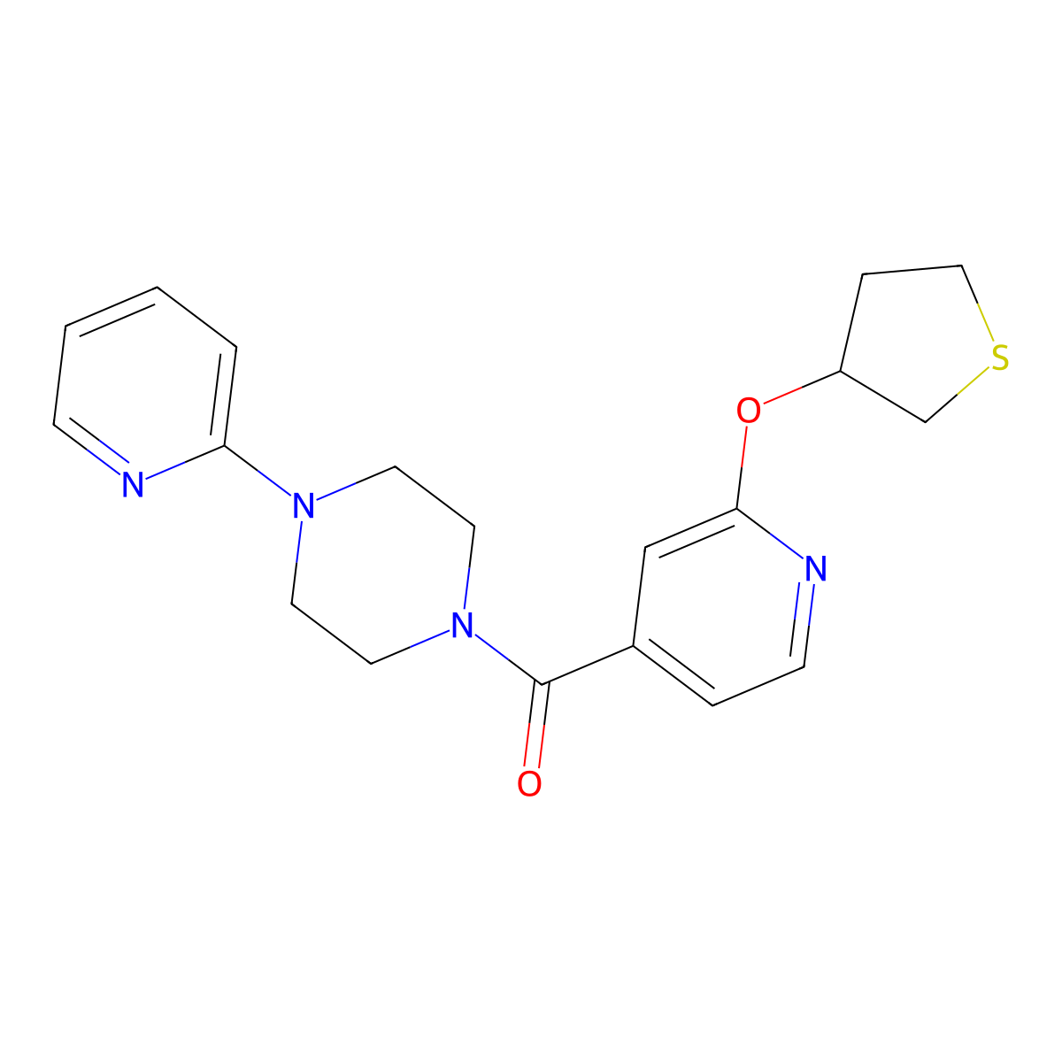 (4-(Pyridin-2-yl)piperazin-1-yl)(2-((tetrahydrothiophen-3-yl)oxy)pyridin-4-yl)methanone molecular structure, CAS 2034498-02-5
