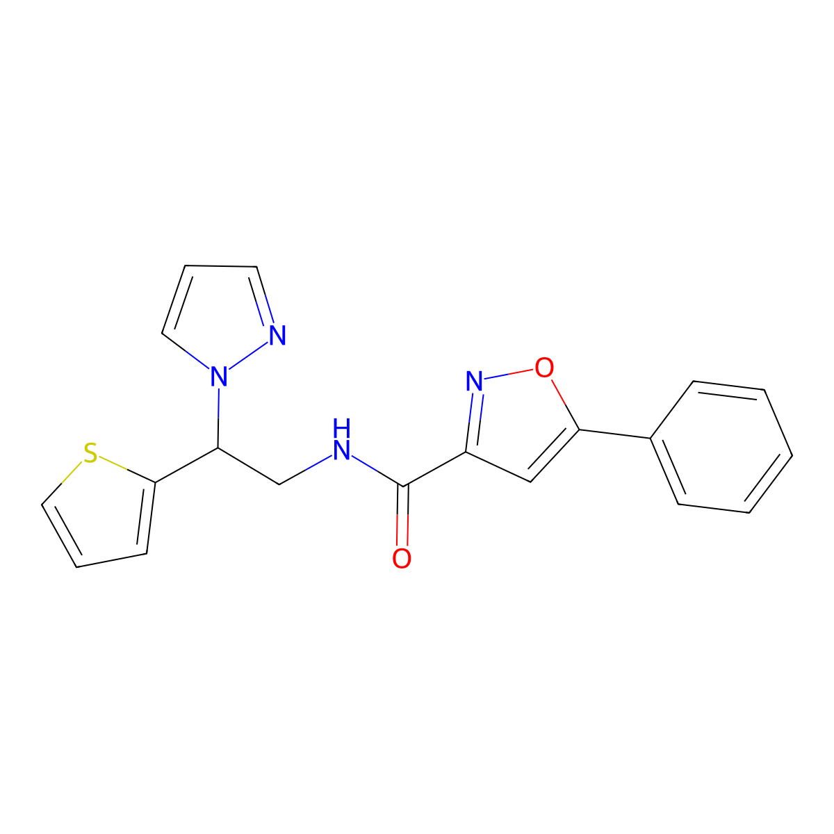 N-(2-(1H-pyrazol-1-yl)-2-(thiophen-2-yl)ethyl)-5-phenylisoxazole-3-carboxamide molecular structure, CAS 2034498-23-0
