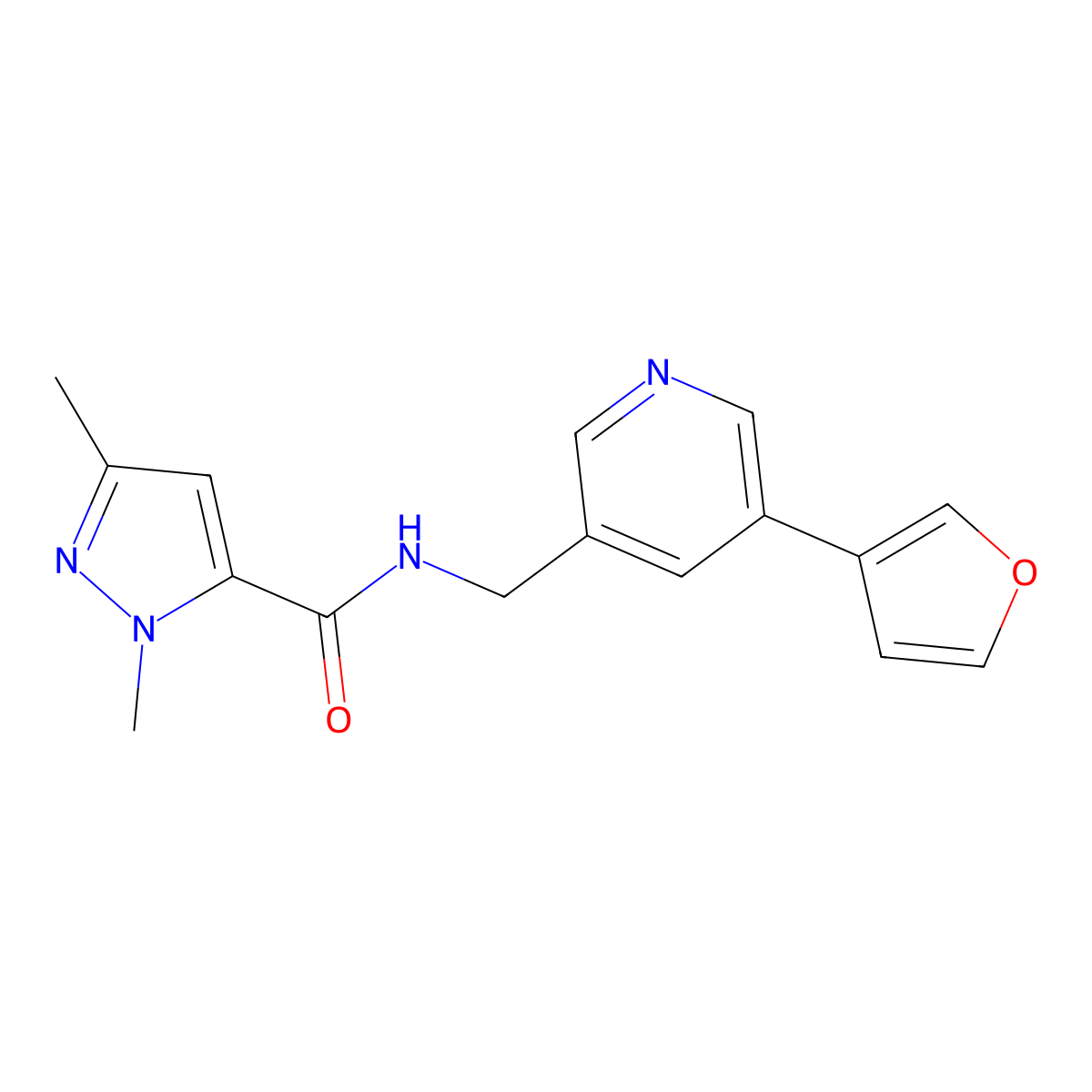 N-((5-(furan-3-yl)pyridin-3-yl)methyl)-1,3-dimethyl-1H-pyrazole-5-carboxamide molecular structure, CAS 2034498-24-1
