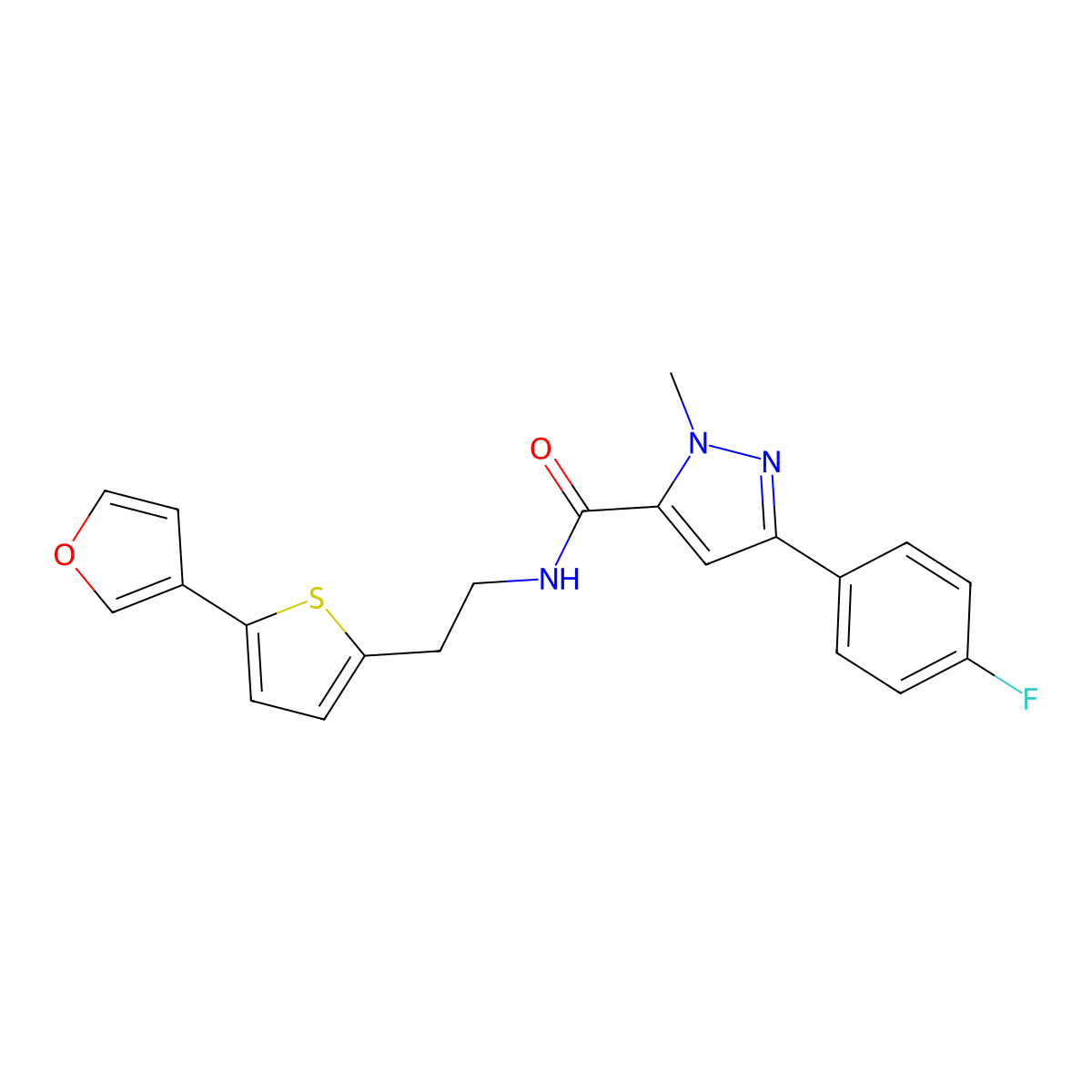 3-(4-fluorophenyl)-N-{2-[5-(furan-3-yl)thiophen-2-yl]ethyl}-1-methyl-1H-pyrazole-5-carboxamide molecular structure, CAS 2034498-29-6