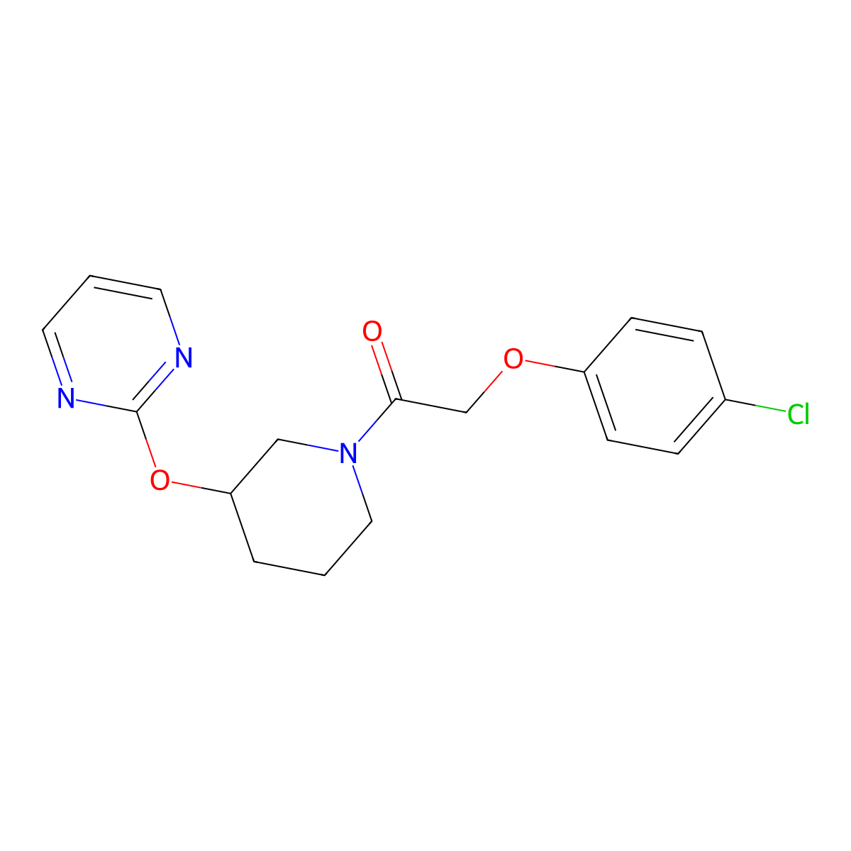2-(4-Chlorophenoxy)-1-(3-(pyrimidin-2-yloxy)piperidin-1-yl)ethanone molecular structure, CAS 2034498-30-9
