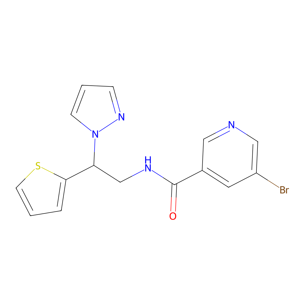 N-(2-(1H-pyrazol-1-yl)-2-(thiophen-2-yl)ethyl)-5-bromonicotinamide molecular structure, CAS 2034498-33-2