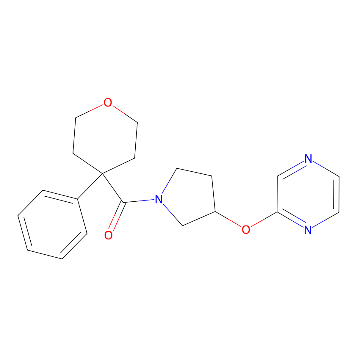 (4-phenyltetrahydro-2H-pyran-4-yl)(3-(pyrazin-2-yloxy)pyrrolidin-1-yl)methanone molecular structure, CAS 2034498-35-4