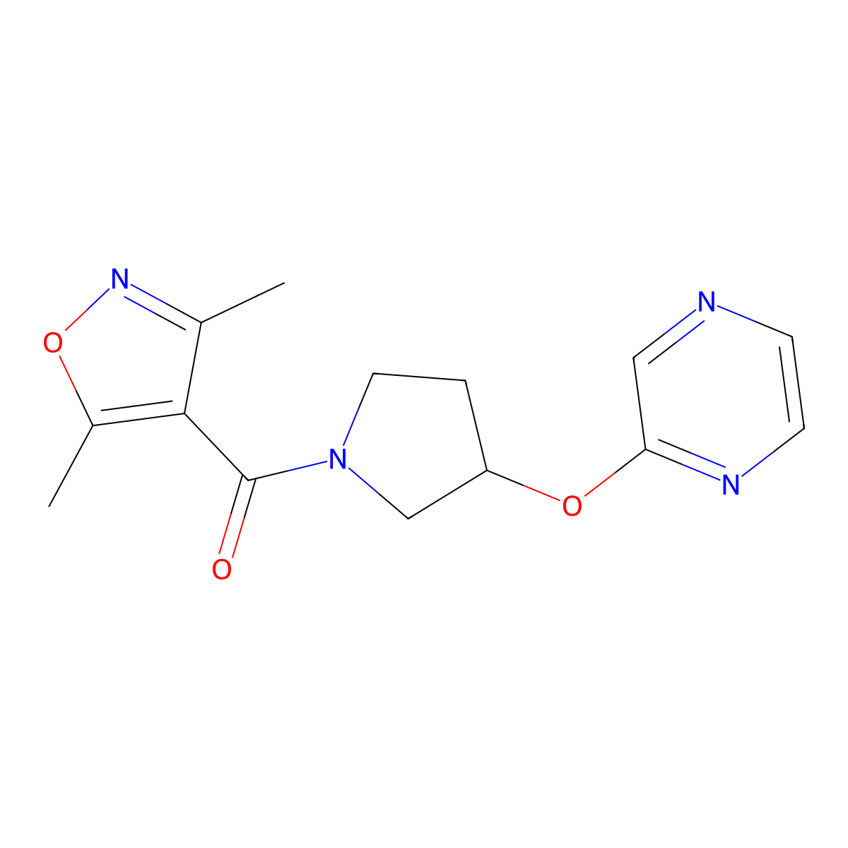 (3,5-Dimethylisoxazol-4-yl)(3-(pyrazin-2-yloxy)pyrrolidin-1-yl)methanone molecular structure, CAS 2034498-45-6