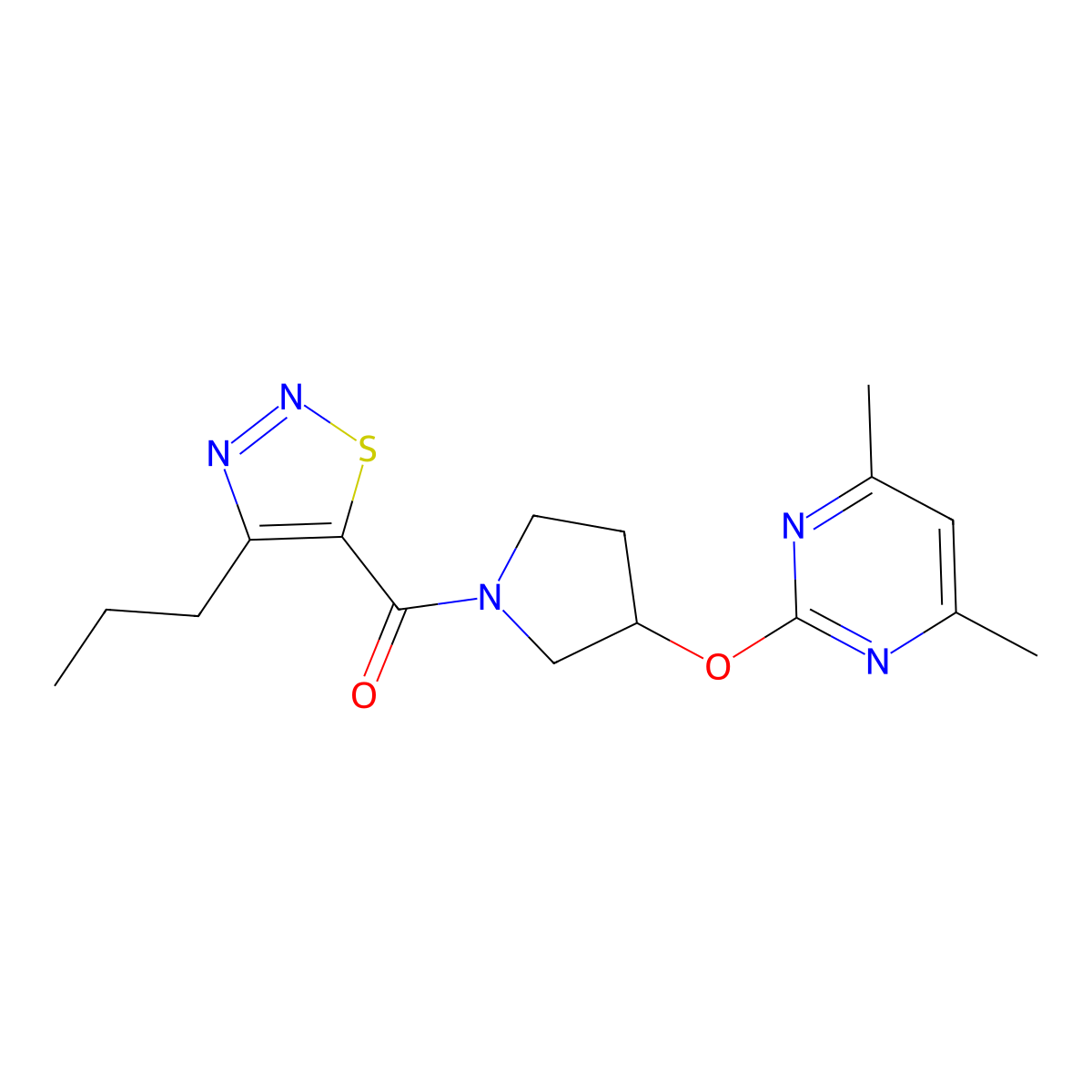 (3-((4,6-Dimethylpyrimidin-2-yl)oxy)pyrrolidin-1-yl)(4-propyl-1,2,3-thiadiazol-5-yl)methanone molecular structure, CAS 2034498-49-0