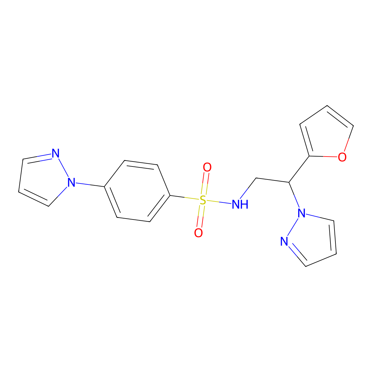 N-(2-(furan-2-yl)-2-(1H-pyrazol-1-yl)ethyl)-4-(1H-pyrazol-1-yl)benzenesulfonamide molecular structure, CAS 2034498-51-4