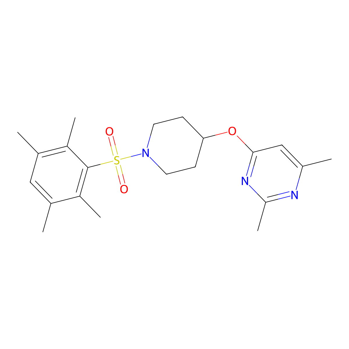 2,4-Dimethyl-6-((1-((2,3,5,6-tetramethylphenyl)sulfonyl)piperidin-4-yl)oxy)pyrimidine molecular structure, CAS 2034498-55-8