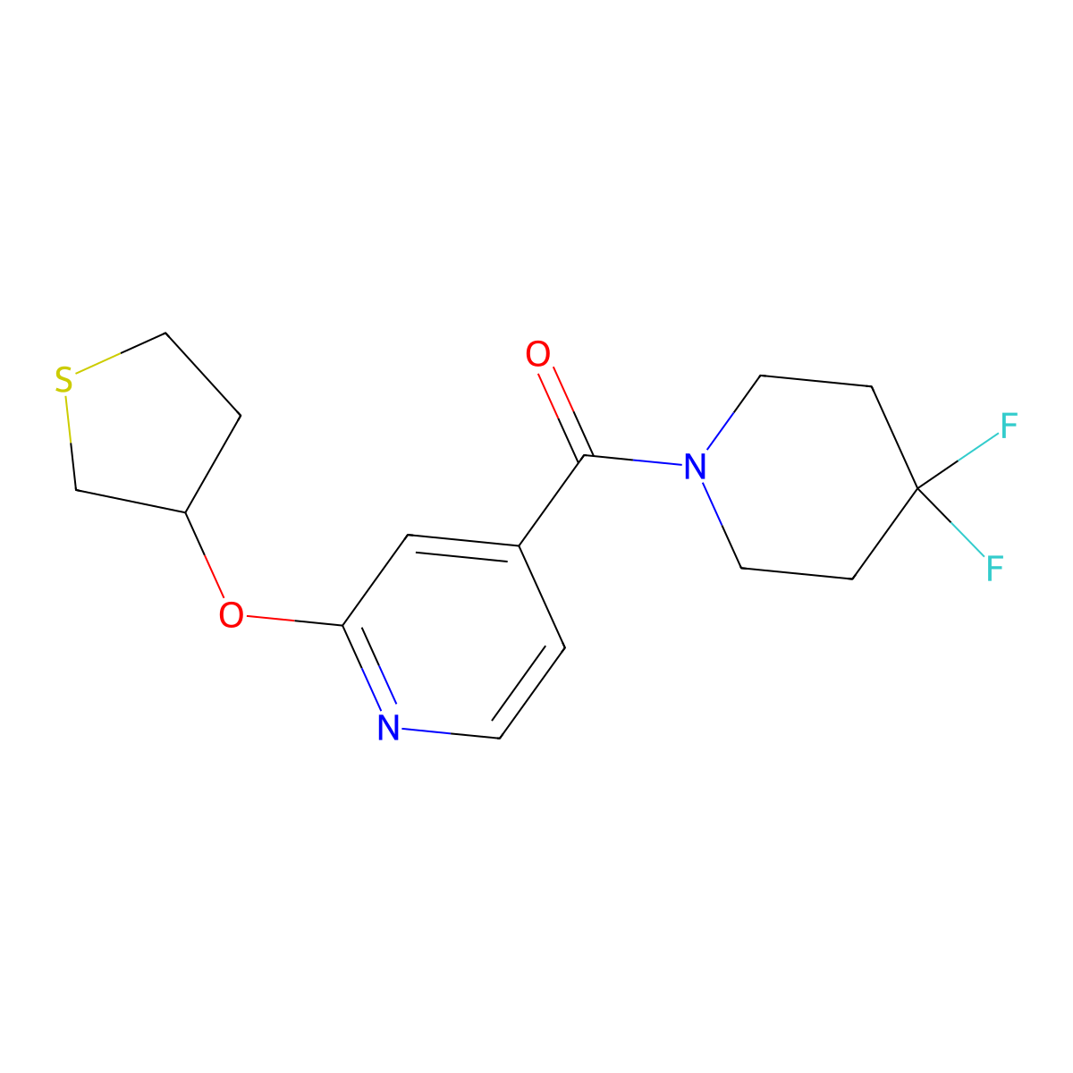 (4,4-Difluoropiperidin-1-yl)(2-((tetrahydrothiophen-3-yl)oxy)pyridin-4-yl)methanone molecular structure, CAS 2034498-62-7