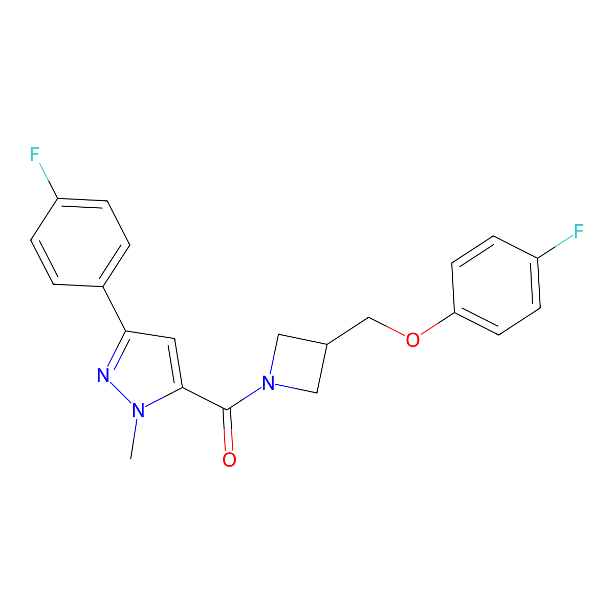 (3-((4-fluorophenoxy)methyl)azetidin-1-yl)(3-(4-fluorophenyl)-1-methyl-1H-pyrazol-5-yl)methanone molecular structure, CAS 2034498-71-8