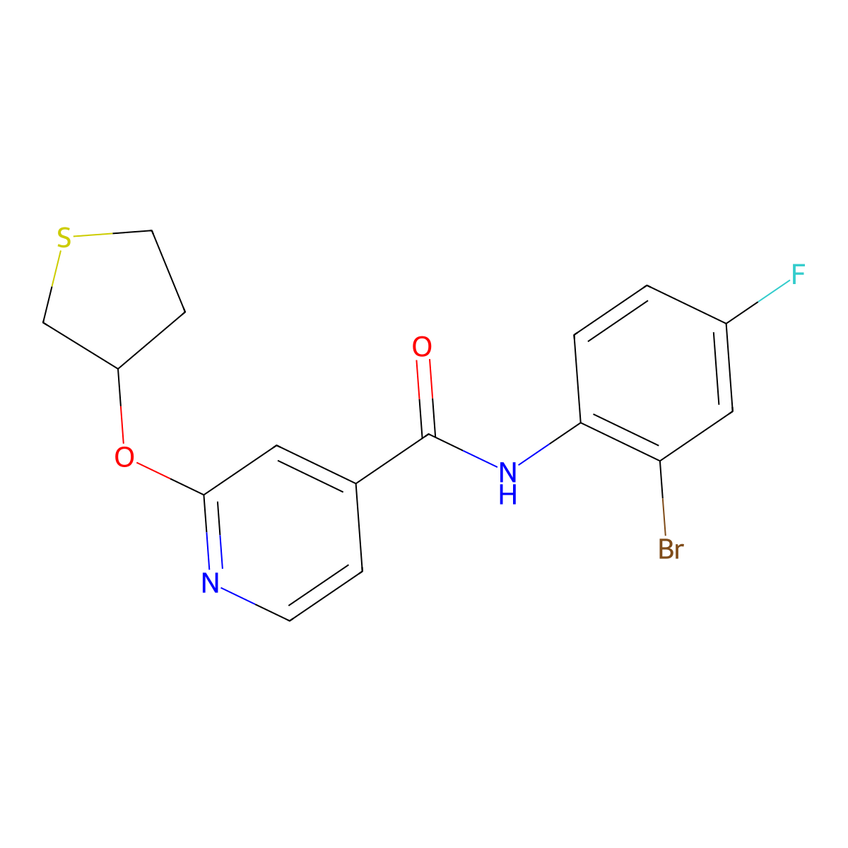 N-(2-bromo-4-fluorophenyl)-2-((tetrahydrothiophen-3-yl)oxy)isonicotinamide molecular structure, CAS 2034498-75-2