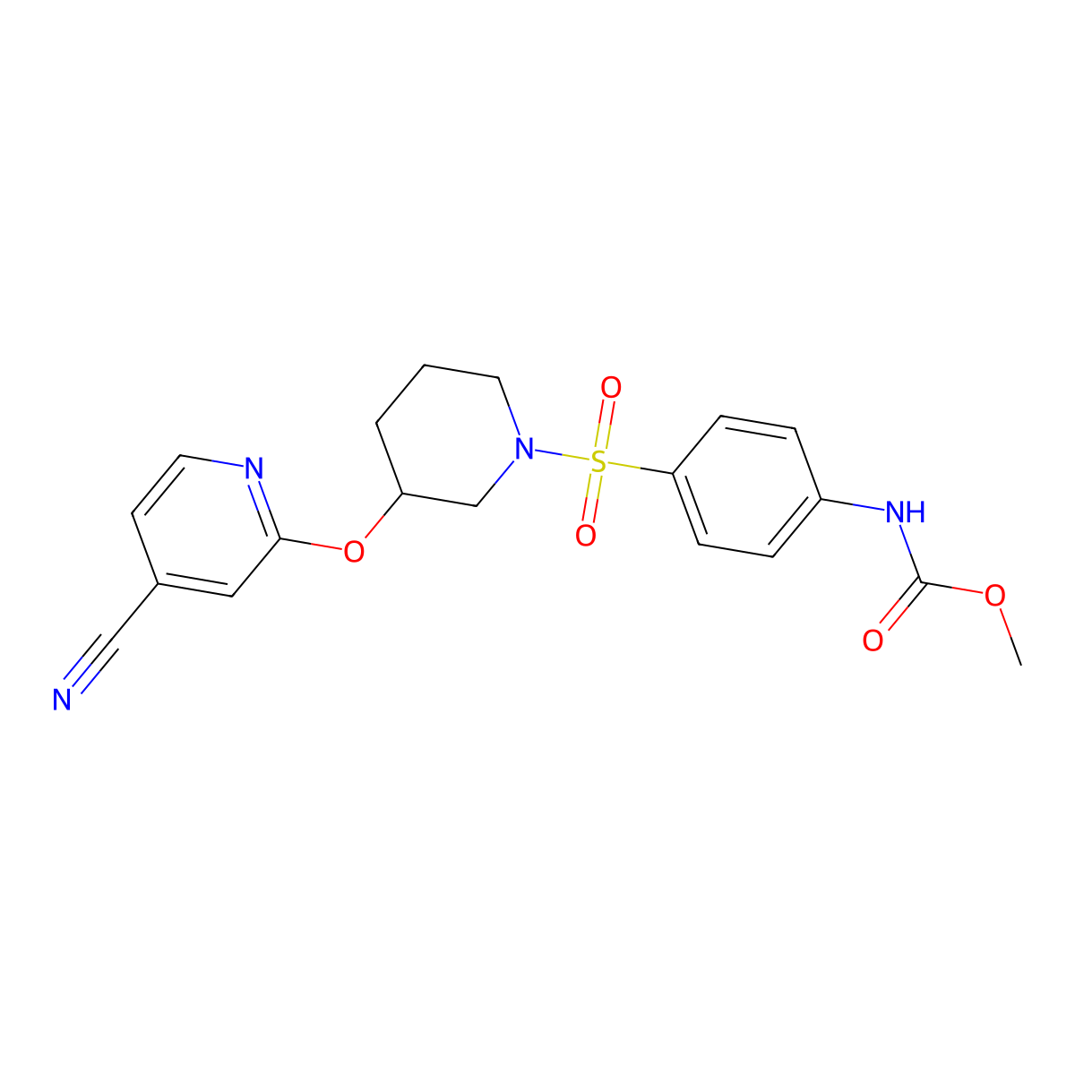 Methyl (4-((3-((4-cyanopyridin-2-yl)oxy)piperidin-1-yl)sulfonyl)phenyl)carbamate molecular structure, CAS 2034498-89-8