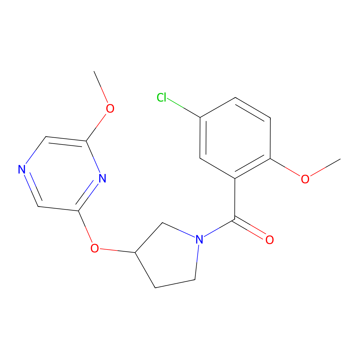(5-Chloro-2-methoxyphenyl)(3-((6-methoxypyrazin-2-yl)oxy)pyrrolidin-1-yl)methanone molecular structure, CAS 2034498-99-0