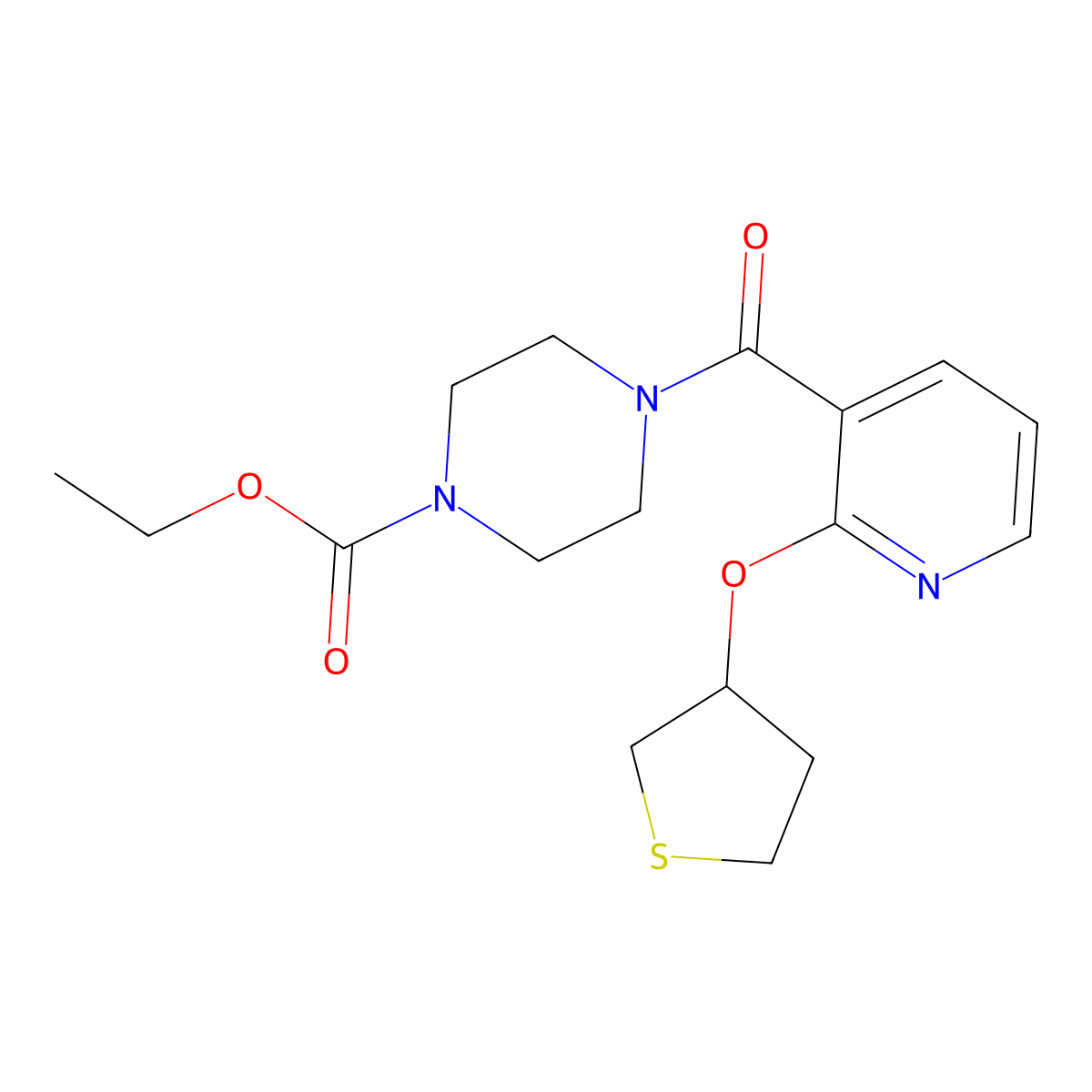 Ethyl 4-(2-((tetrahydrothiophen-3-yl)oxy)nicotinoyl)piperazine-1-carboxylate molecular structure, CAS 2034499-04-0