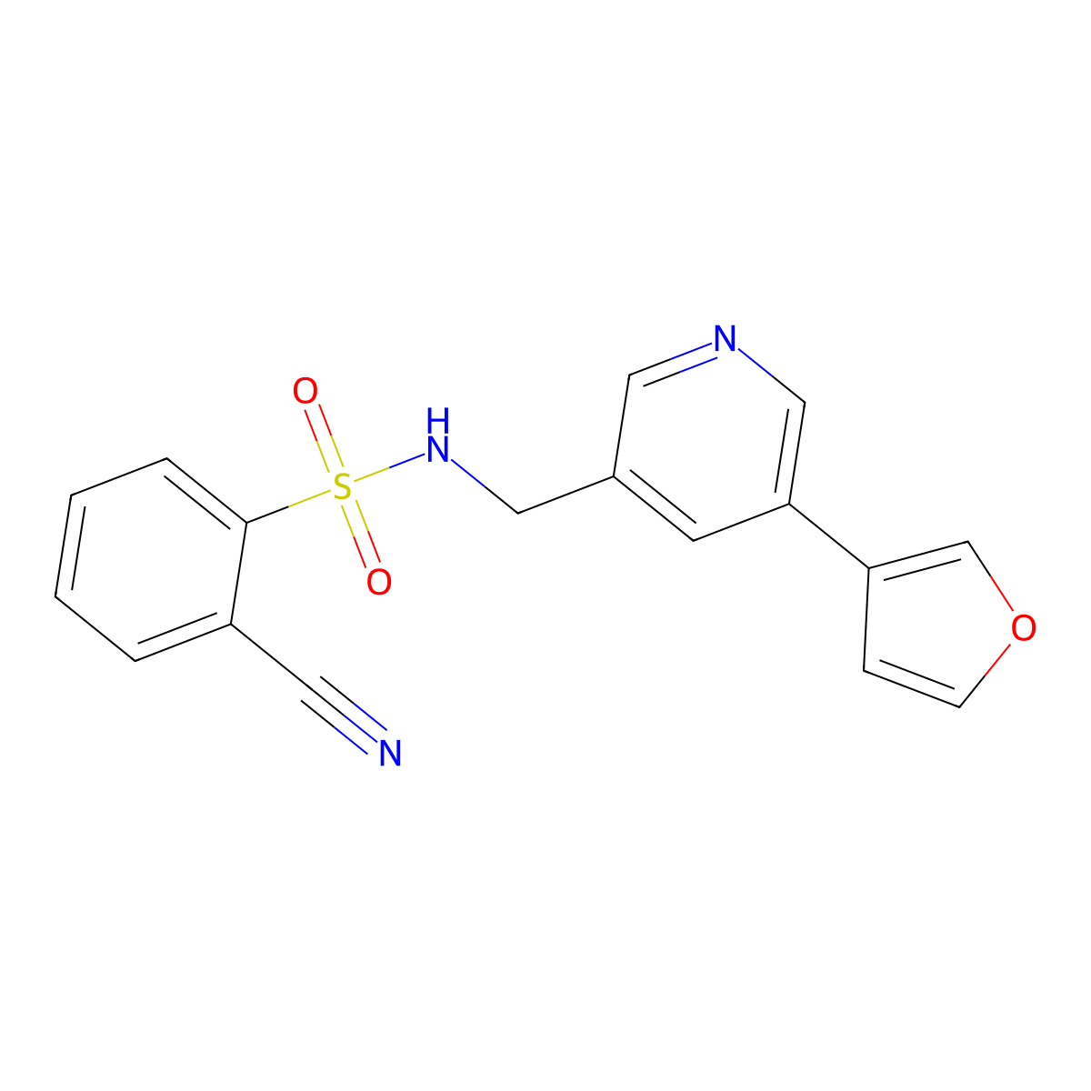 2-cyano-N-((5-(furan-3-yl)pyridin-3-yl)methyl)benzenesulfonamide molecular structure, CAS 2034499-27-7