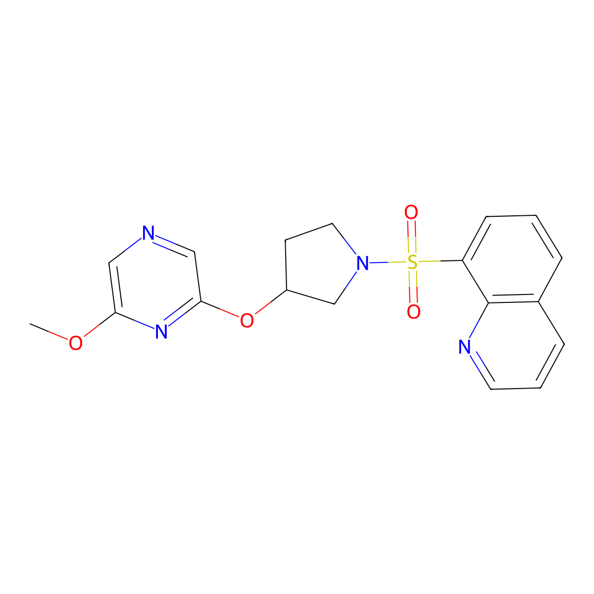 8-({3-[(6-Methoxypyrazin-2-yl)oxy]pyrrolidin-1-yl}sulfonyl)quinoline molecular structure, CAS 2034499-45-9