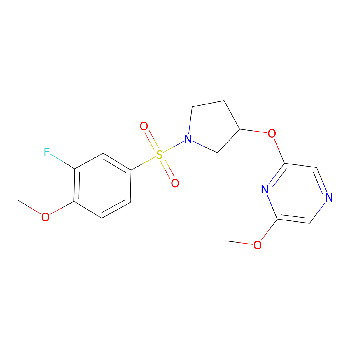 2-((1-((3-Fluoro-4-methoxyphenyl)sulfonyl)pyrrolidin-3-yl)oxy)-6-methoxypyrazine molecular structure, CAS 2034499-49-3