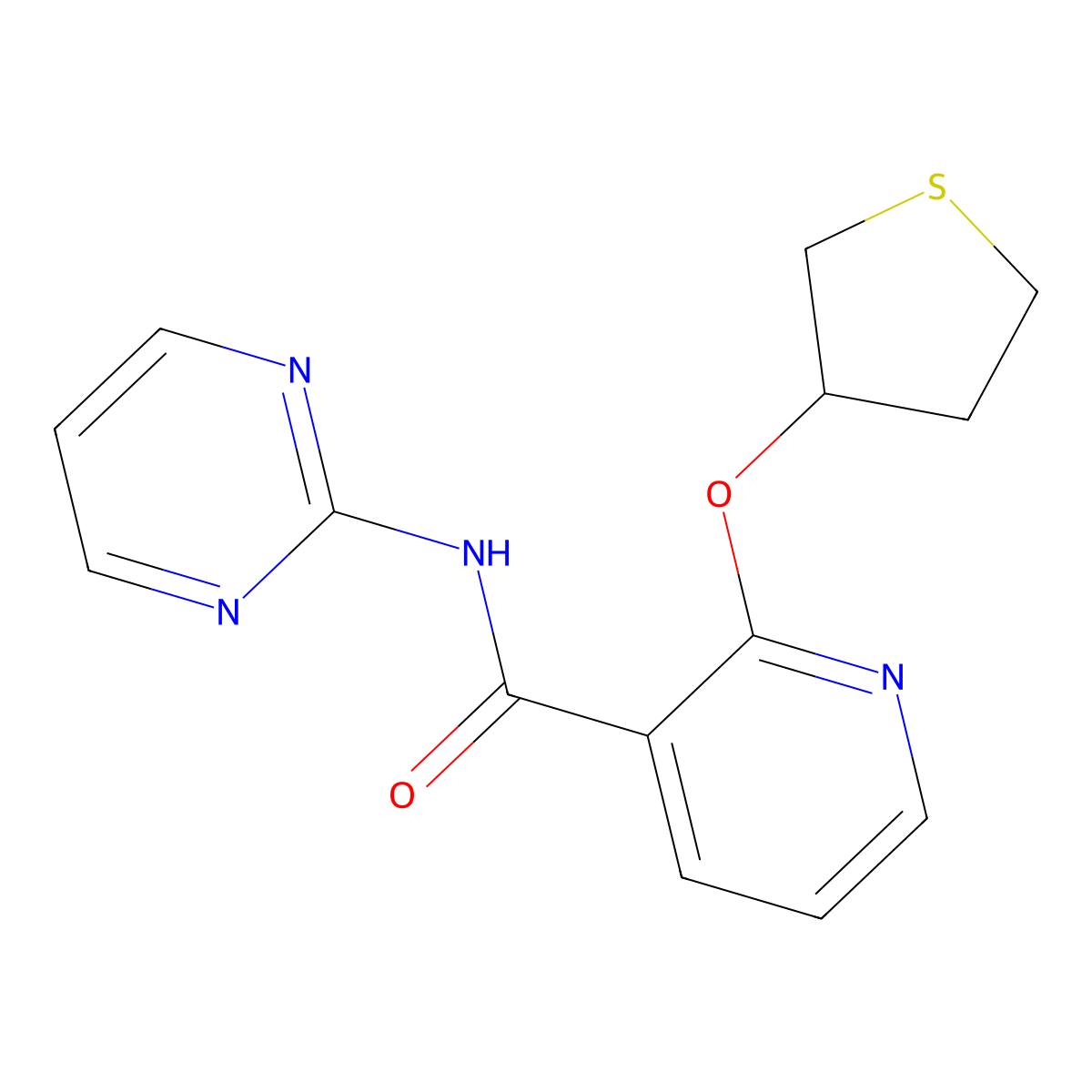 N-(pyrimidin-2-yl)-2-((tetrahydrothiophen-3-yl)oxy)nicotinamide molecular structure, CAS 2034499-53-9