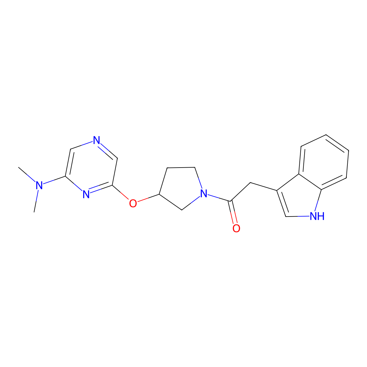 1-(3-((6-(dimethylamino)pyrazin-2-yl)oxy)pyrrolidin-1-yl)-2-(1H-indol-3-yl)ethanone molecular structure, CAS 2034499-59-5