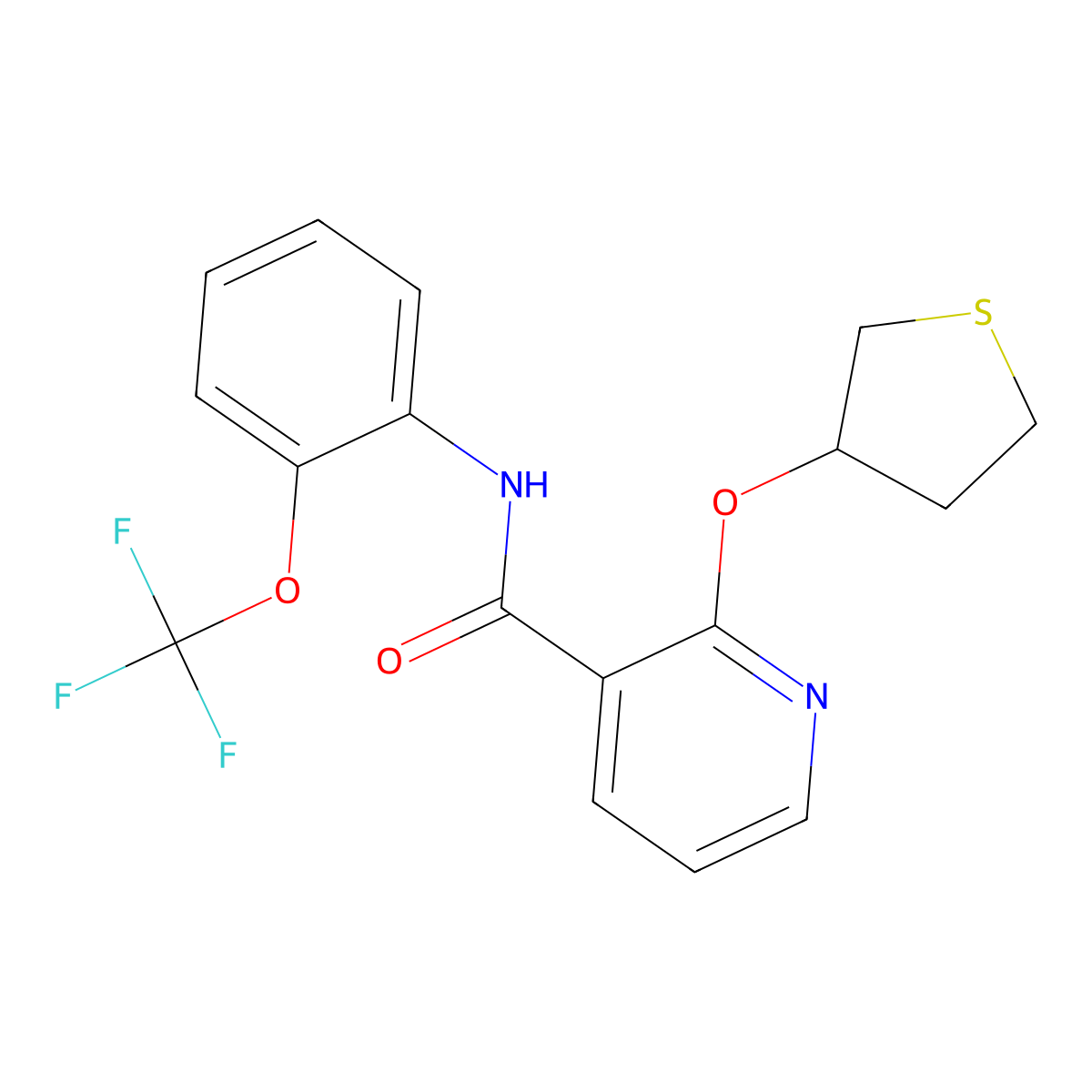 2-((tetrahydrothiophen-3-yl)oxy)-N-(2-(trifluoromethoxy)phenyl)nicotinamide molecular structure, CAS 2034499-76-6
