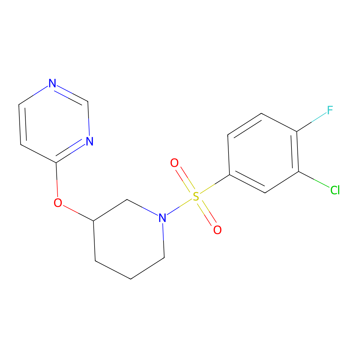 4-((1-((3-Chloro-4-fluorophenyl)sulfonyl)piperidin-3-yl)oxy)pyrimidine molecular structure, CAS 2034499-91-5