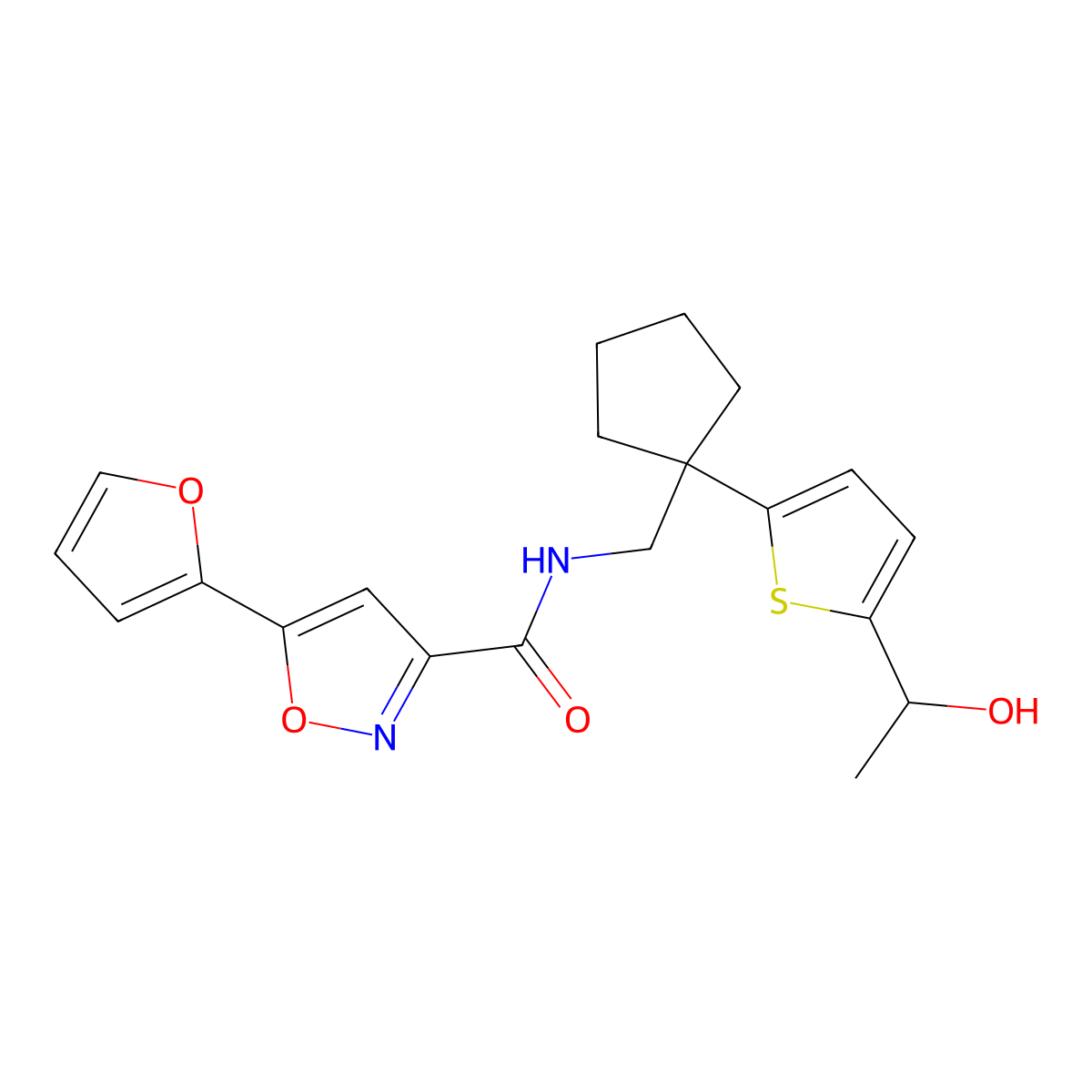 5-(furan-2-yl)-N-((1-(5-(1-hydroxyethyl)thiophen-2-yl)cyclopentyl)methyl)isoxazole-3-carboxamide molecular structure, CAS 2034500-05-3