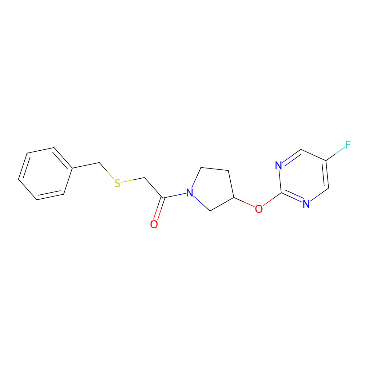 2-(Benzylthio)-1-(3-((5-fluoropyrimidin-2-yl)oxy)pyrrolidin-1-yl)ethanone molecular structure, CAS 2034500-31-5