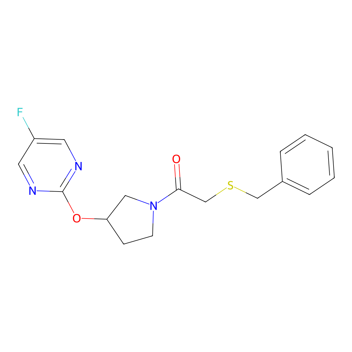 2-(Benzylthio)-1-(3-((5-fluoropyrimidin-2-yl)oxy)pyrrolidin-1-yl)ethanone molecular structure, CAS 2034500-31-5