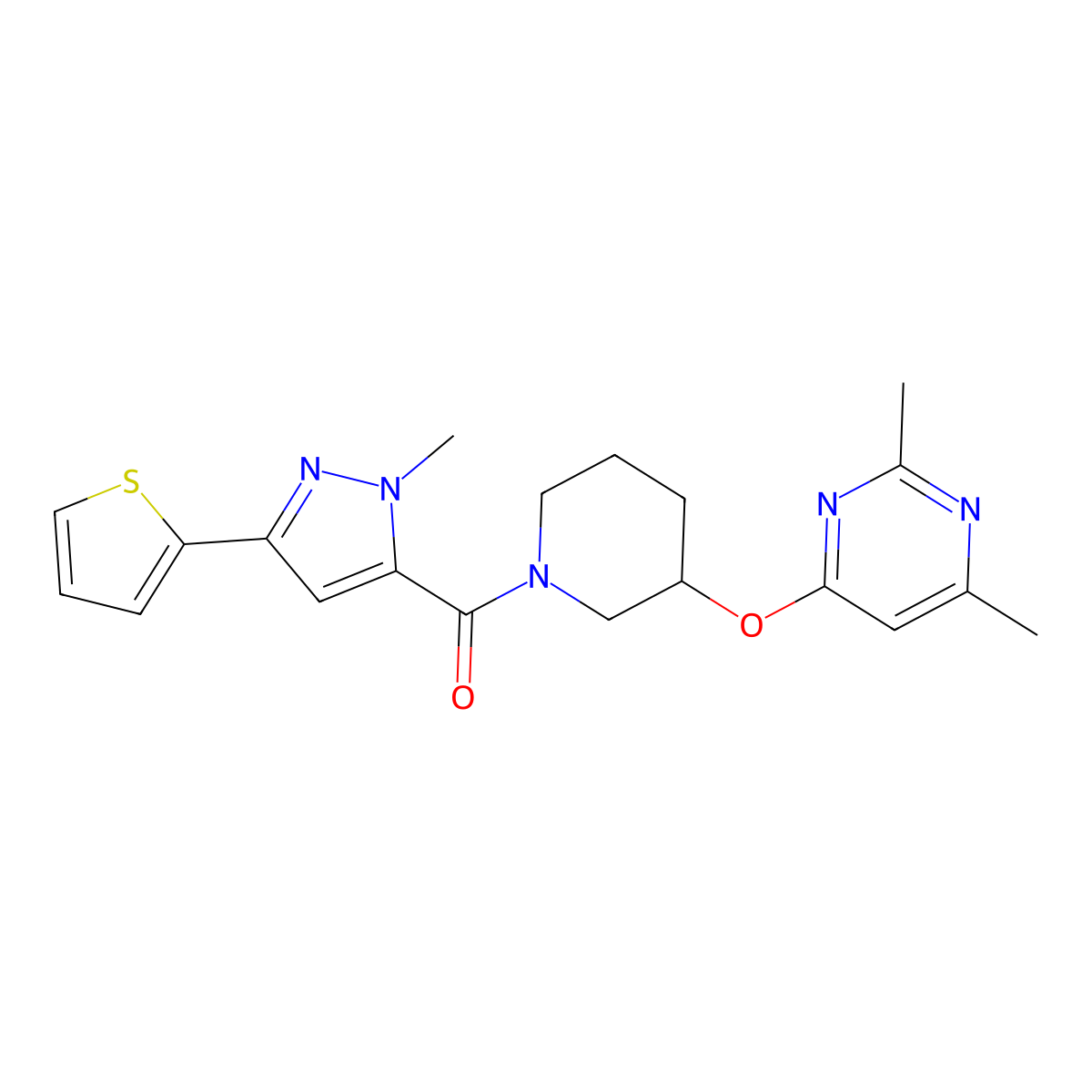 (3-((2,6-dimethylpyrimidin-4-yl)oxy)piperidin-1-yl)(1-methyl-3-(thiophen-2-yl)-1H-pyrazol-5-yl)methanone molecular structure, CAS 2034500-41-7