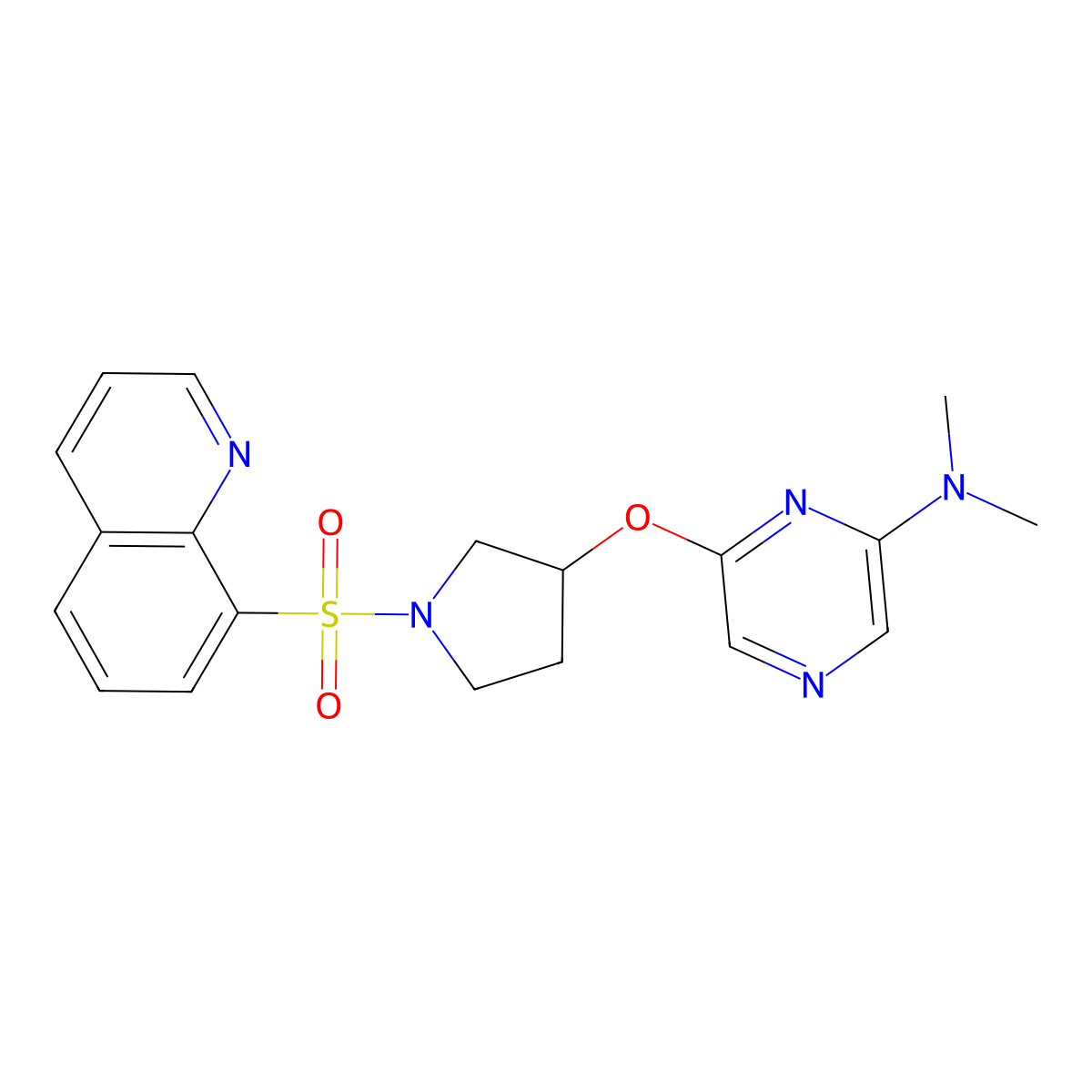 N,N-dimethyl-6-((1-(quinolin-8-ylsulfonyl)pyrrolidin-3-yl)oxy)pyrazin-2-amine molecular structure, CAS 2034500-43-9
