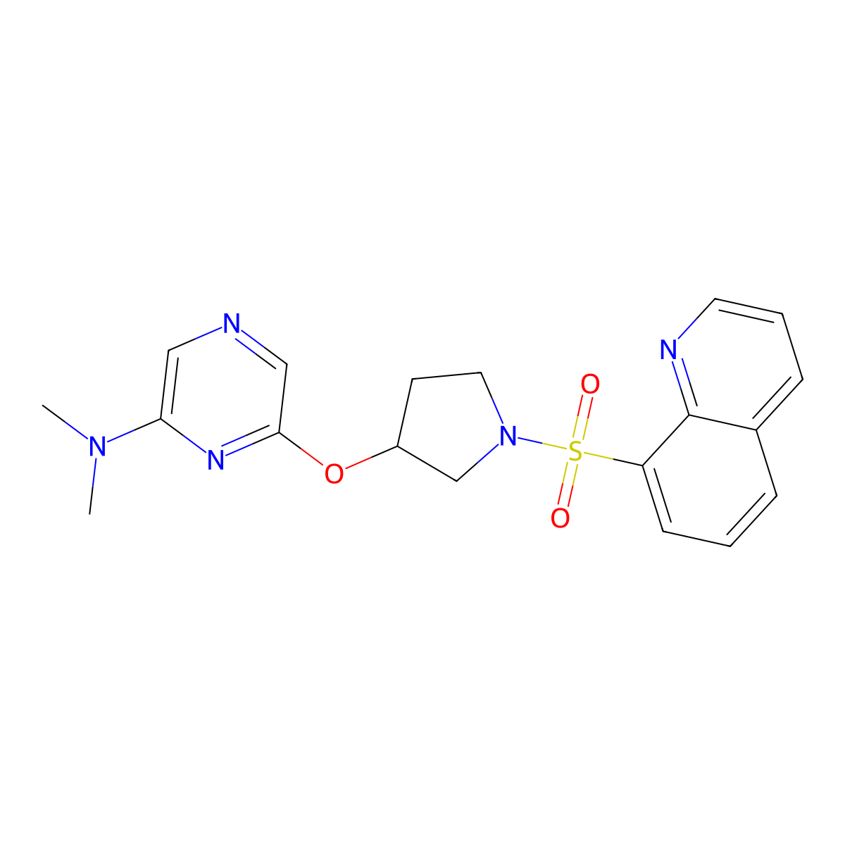 N,N-dimethyl-6-((1-(quinolin-8-ylsulfonyl)pyrrolidin-3-yl)oxy)pyrazin-2-amine molecular structure, CAS 2034500-43-9
