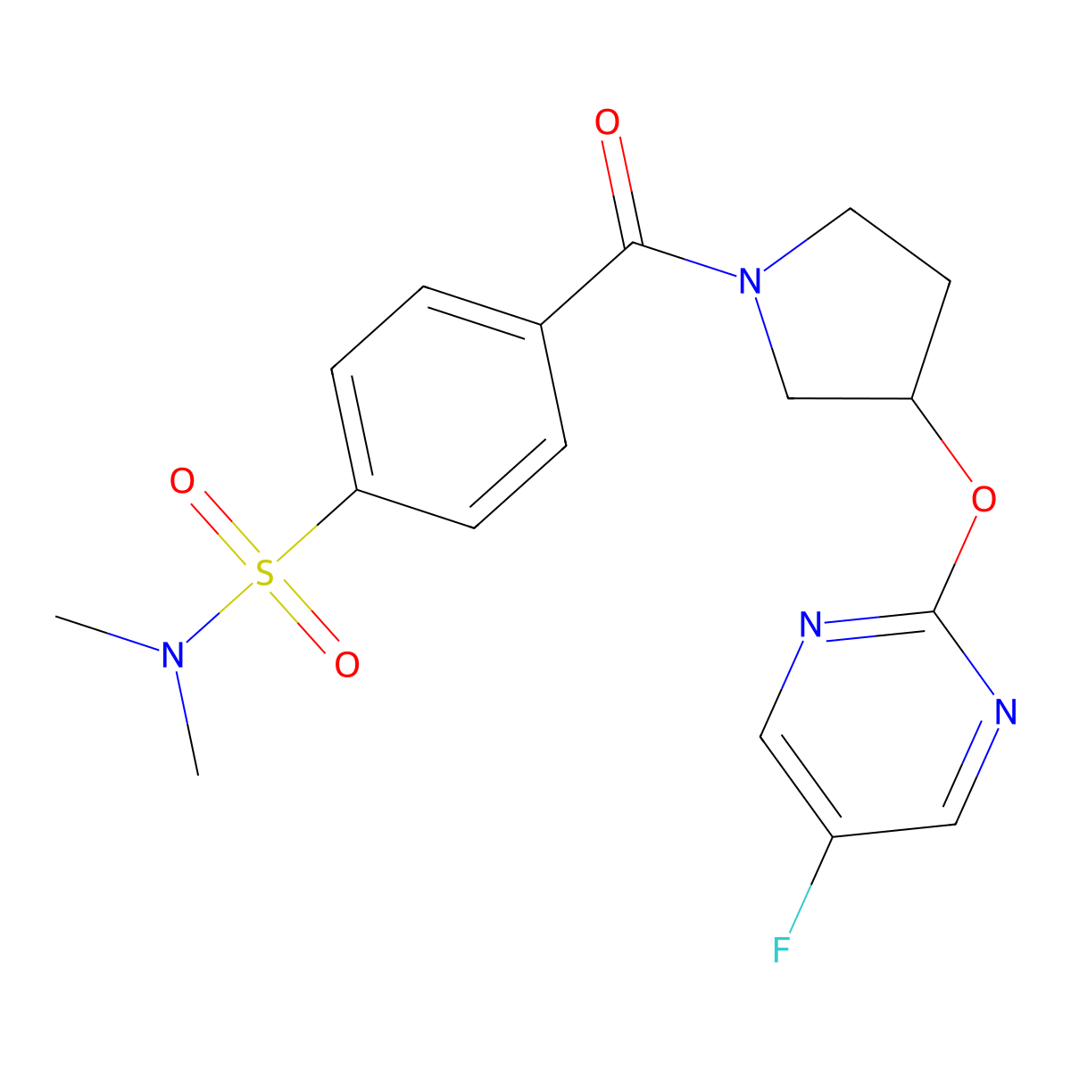 4-(3-((5-fluoropyrimidin-2-yl)oxy)pyrrolidine-1-carbonyl)-N,N-dimethylbenzenesulfonamide molecular structure, CAS 2034500-51-9