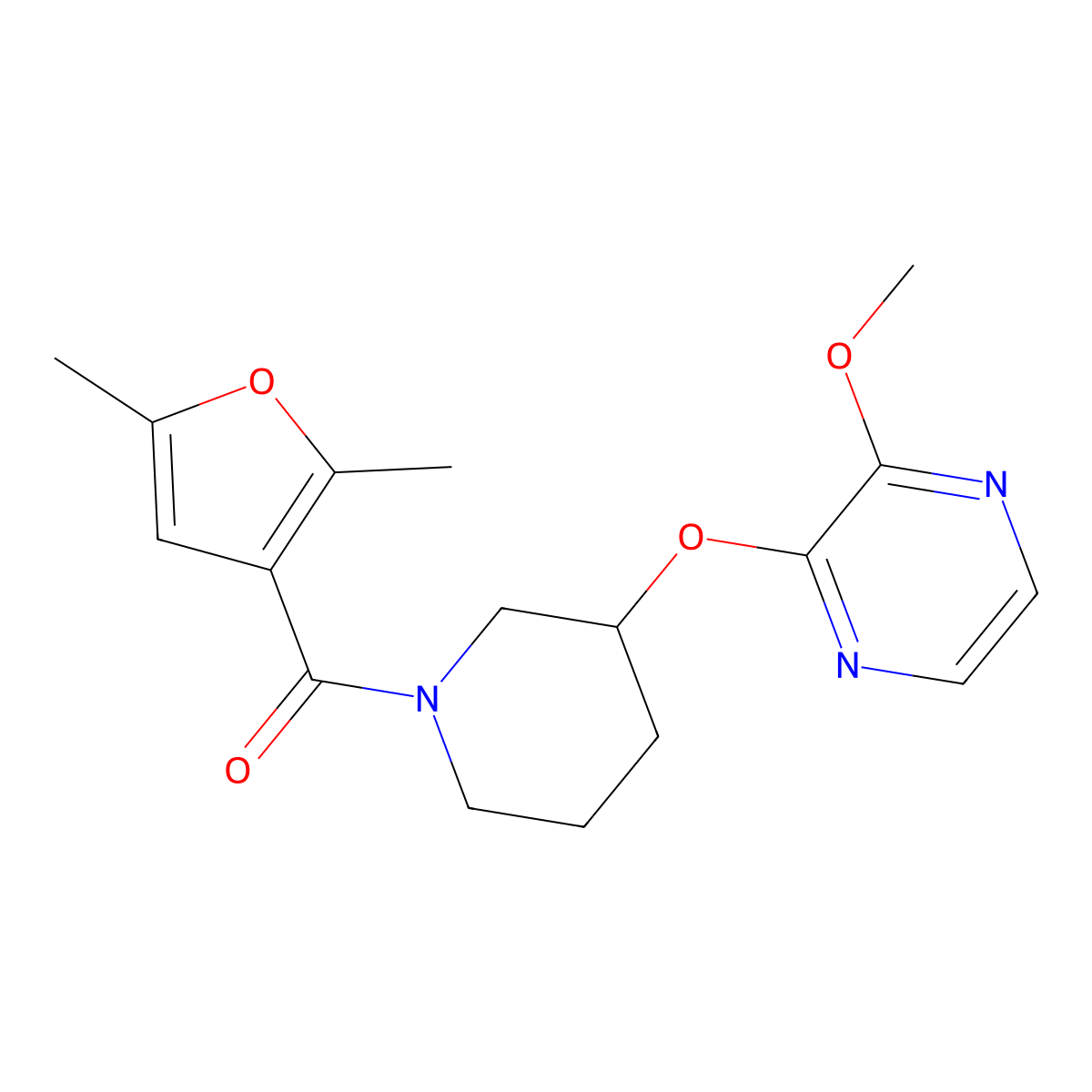 (2,5-Dimethylfuran-3-yl)(3-((3-methoxypyrazin-2-yl)oxy)piperidin-1-yl)methanone molecular structure, CAS 2034500-67-7