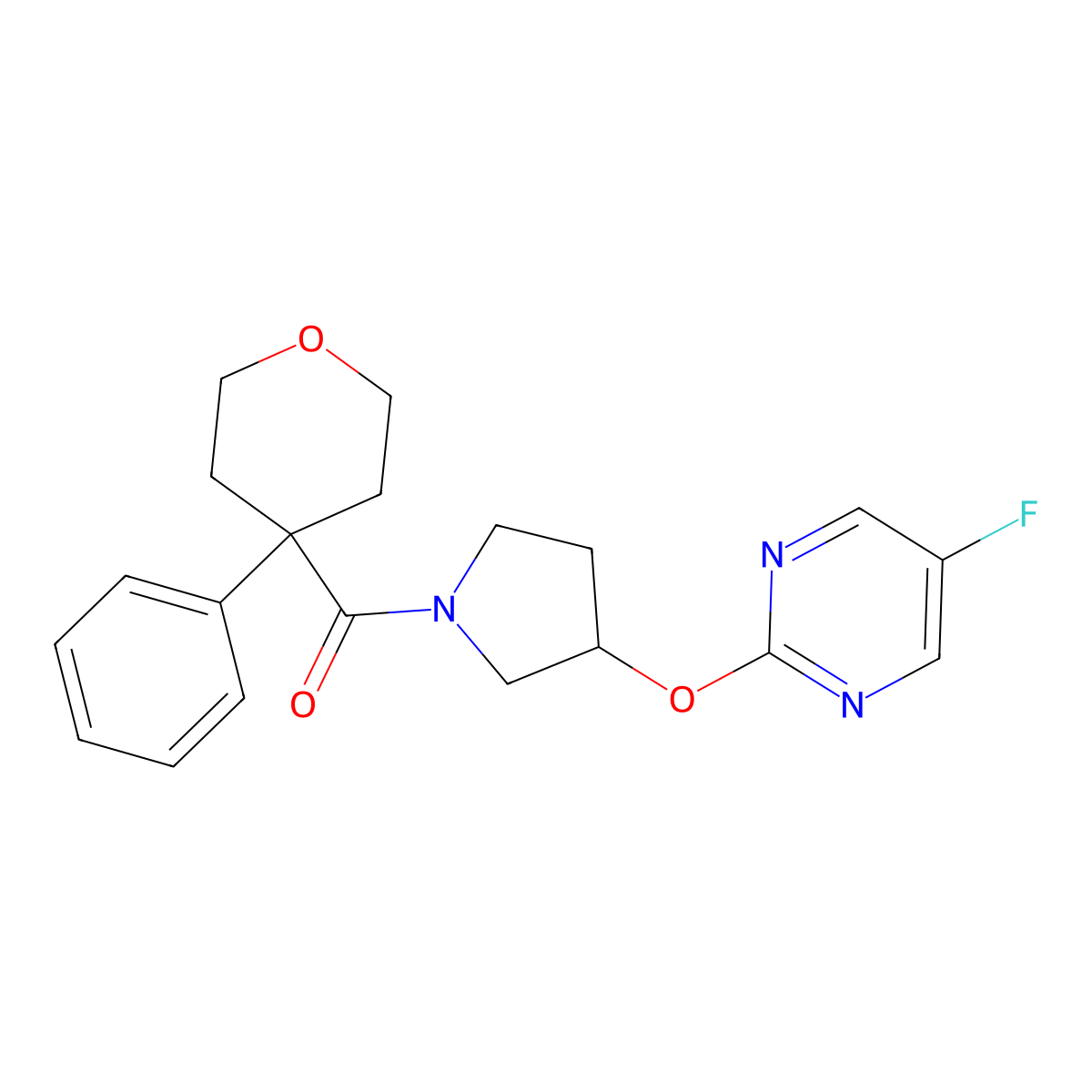 (3-((5-fluoropyrimidin-2-yl)oxy)pyrrolidin-1-yl)(4-phenyltetrahydro-2H-pyran-4-yl)methanone molecular structure, CAS 2034500-72-4