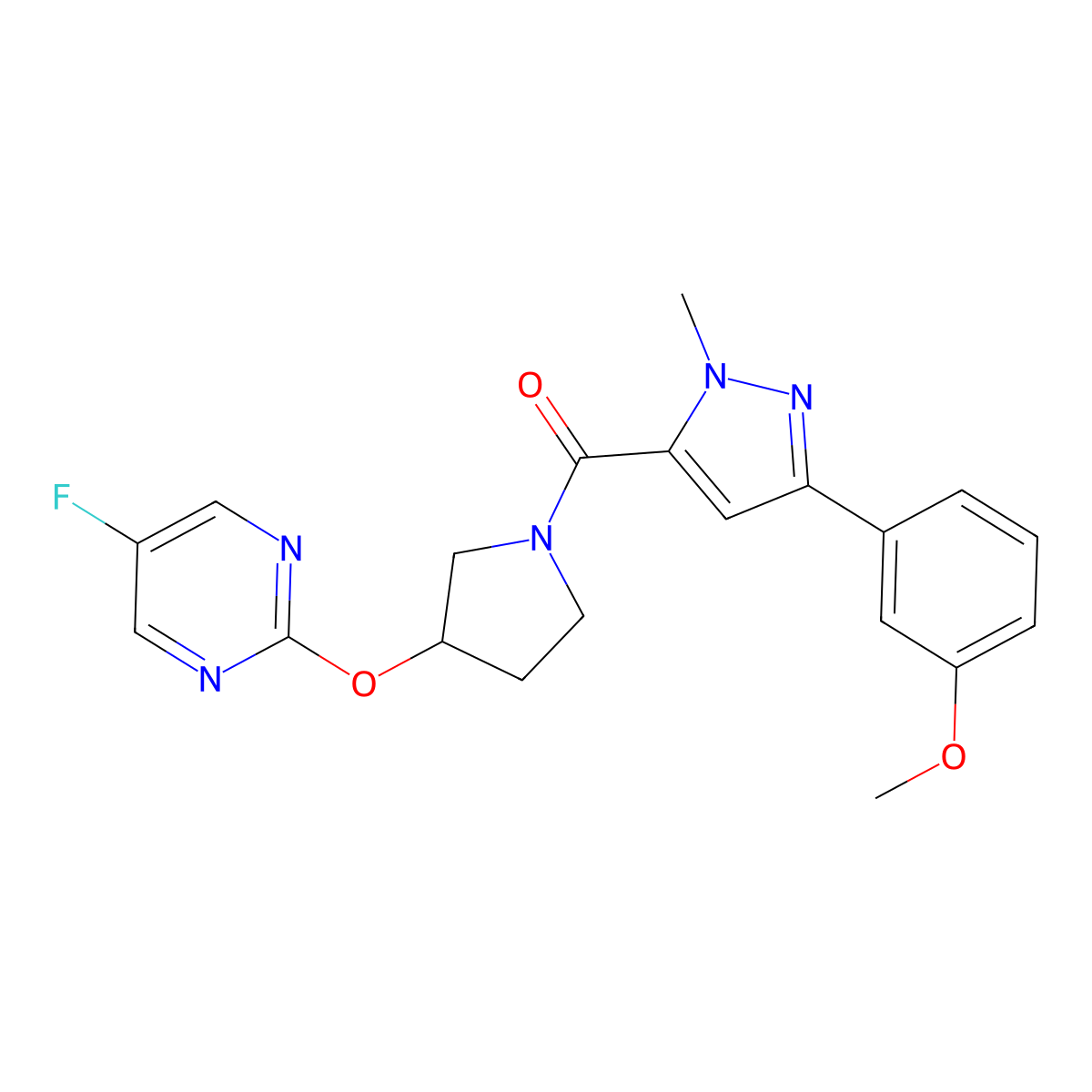 (3-((5-fluoropyrimidin-2-yl)oxy)pyrrolidin-1-yl)(3-(3-methoxyphenyl)-1-methyl-1H-pyrazol-5-yl)methanone molecular structure, CAS 2034500-80-4
