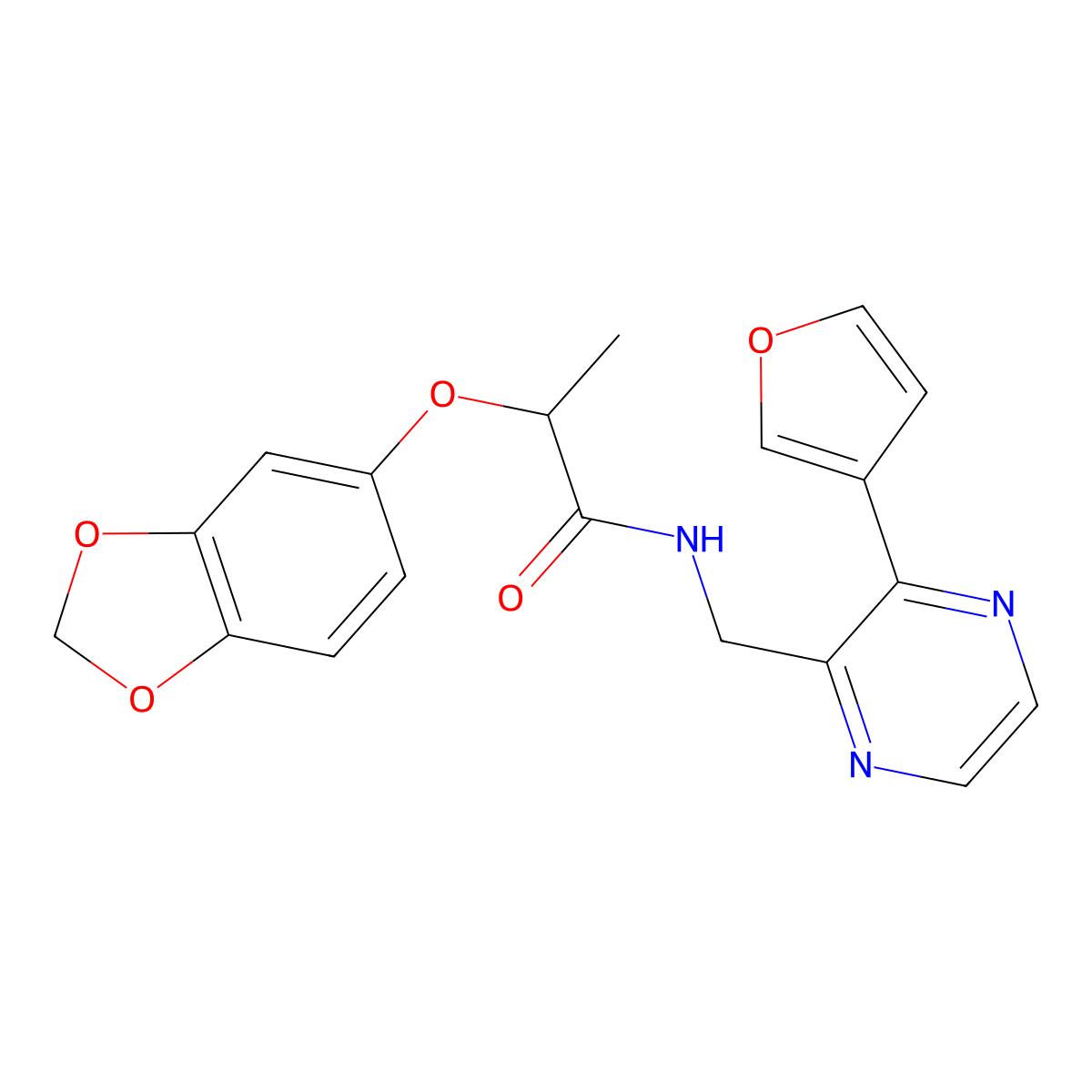 2-(benzo[d][1,3]dioxol-5-yloxy)-N-((3-(furan-3-yl)pyrazin-2-yl)methyl)propanamide molecular structure, CAS 2034500-96-2