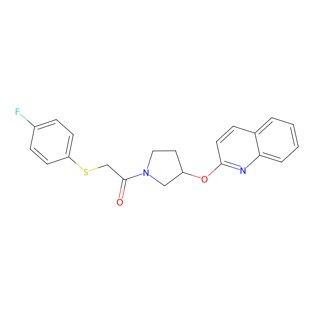 2-((4-Fluorophenyl)thio)-1-(3-(quinolin-2-yloxy)pyrrolidin-1-yl)ethanone molecular structure, CAS 2034501-03-4