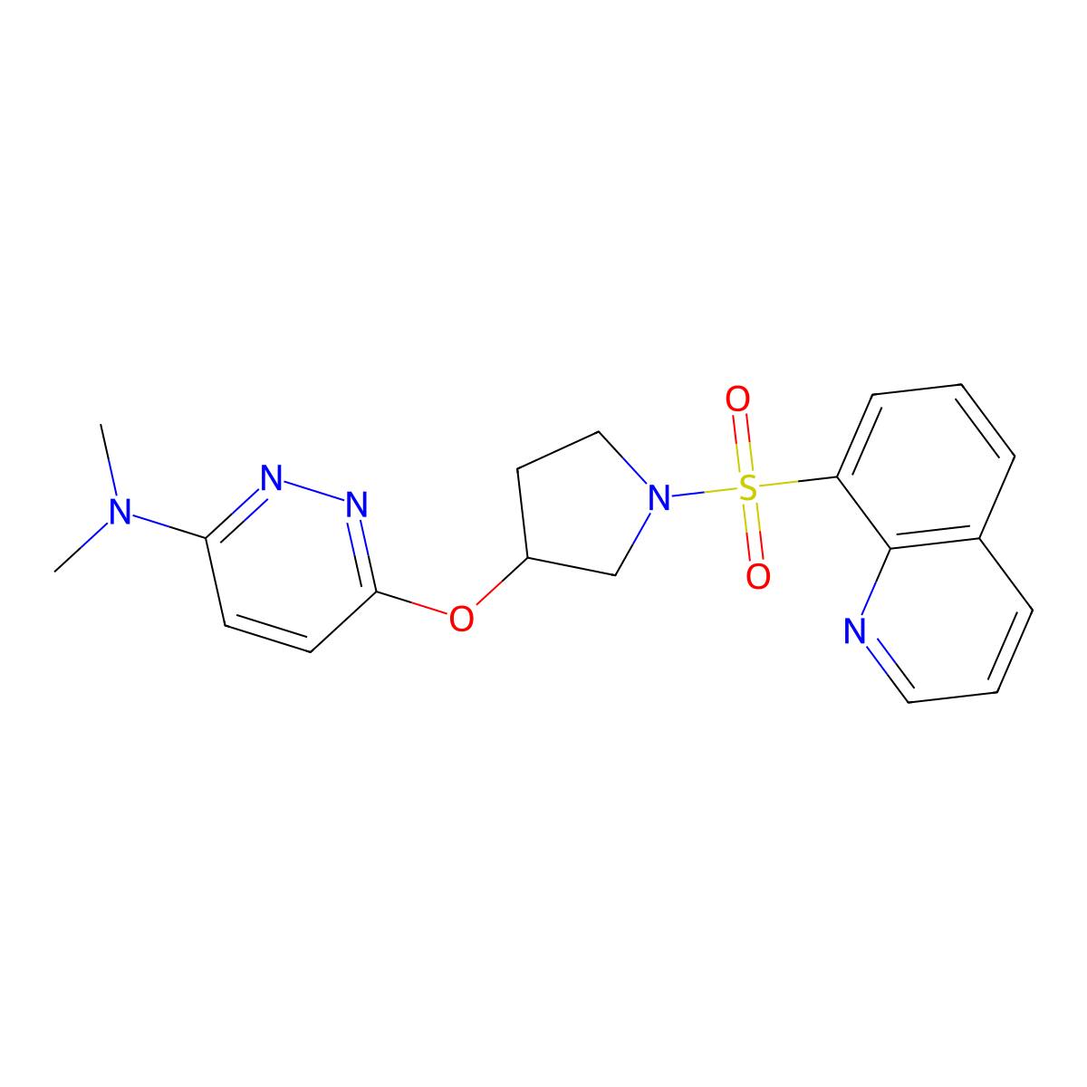 N,N-dimethyl-6-((1-(quinolin-8-ylsulfonyl)pyrrolidin-3-yl)oxy)pyridazin-3-amine molecular structure, CAS 2034501-26-1