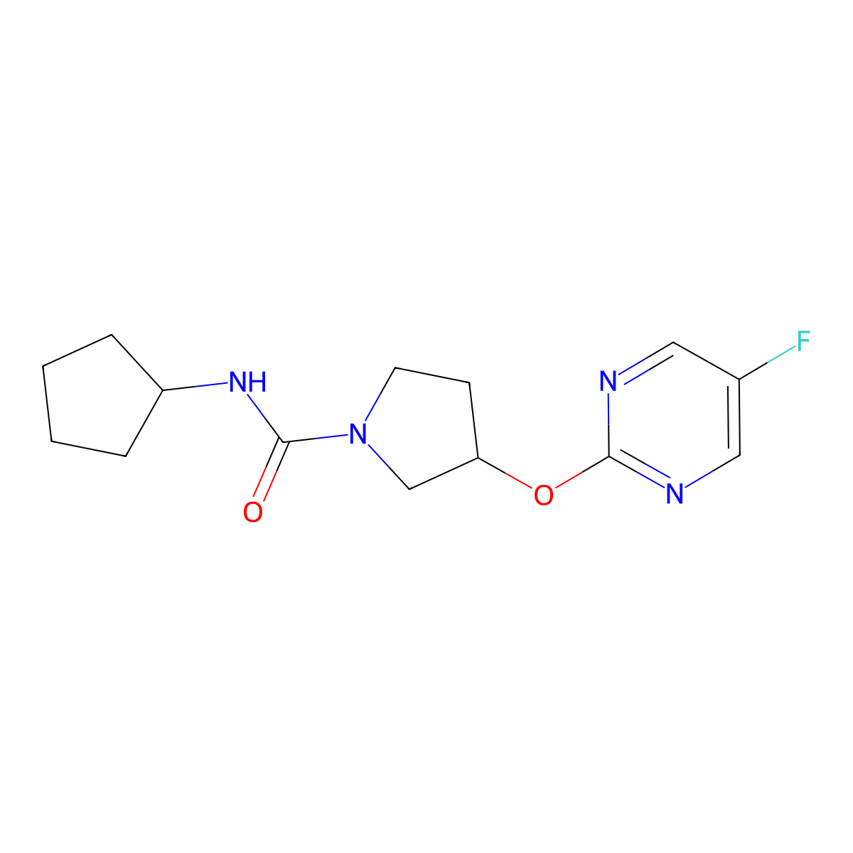 N-cyclopentyl-3-((5-fluoropyrimidin-2-yl)oxy)pyrrolidine-1-carboxamide molecular structure, CAS 2034501-27-2