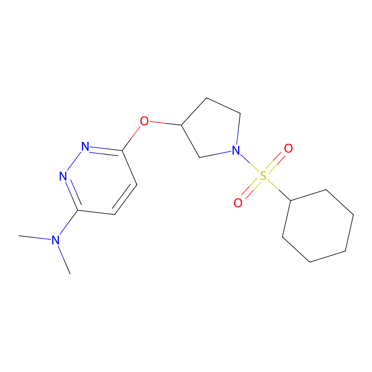 6-((1-(cyclohexylsulfonyl)pyrrolidin-3-yl)oxy)-N,N-dimethylpyridazin-3-amine molecular structure, CAS 2034501-32-9