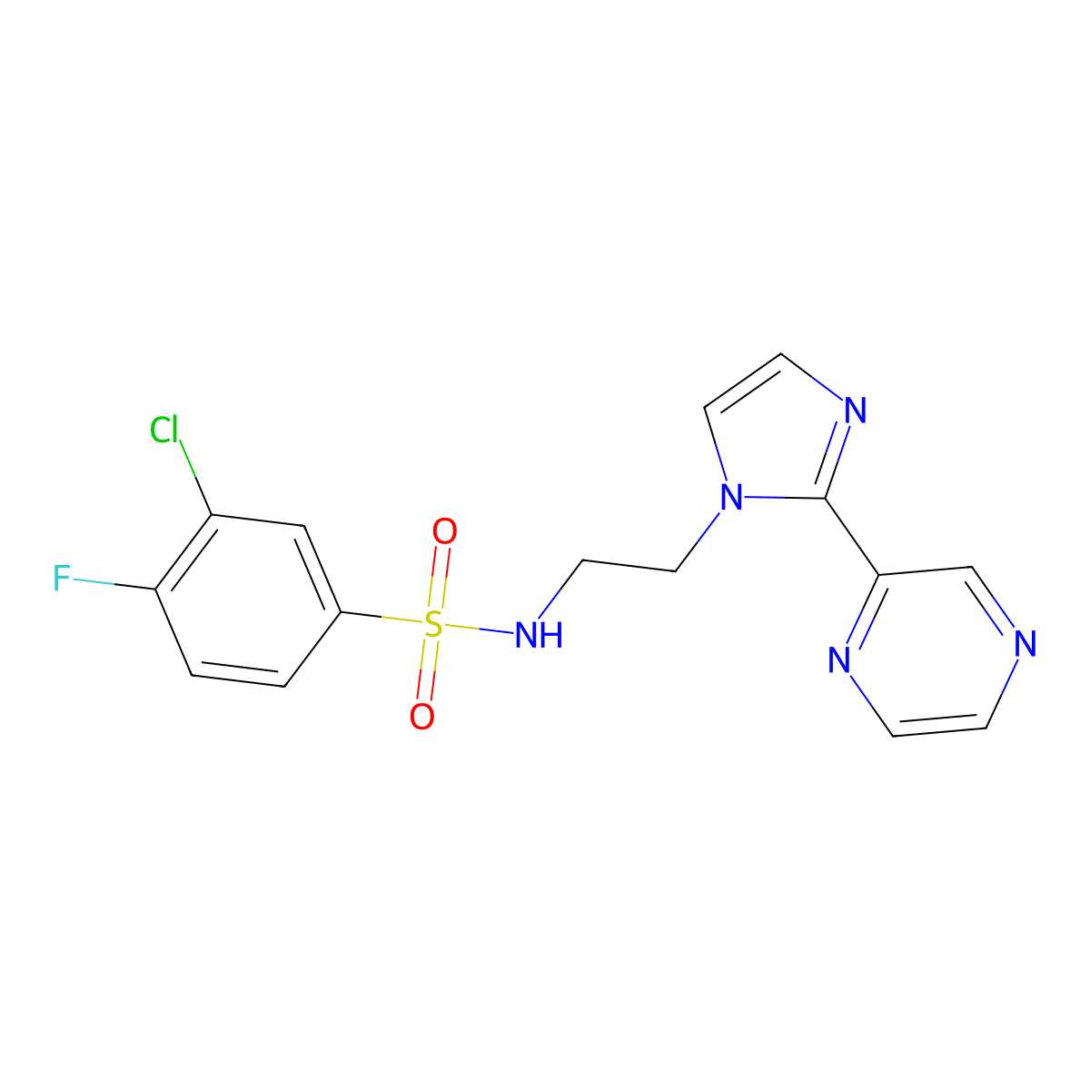3-chloro-4-fluoro-N-(2-(2-(pyrazin-2-yl)-1H-imidazol-1-yl)ethyl)benzenesulfonamide molecular structure, CAS 2034501-38-5