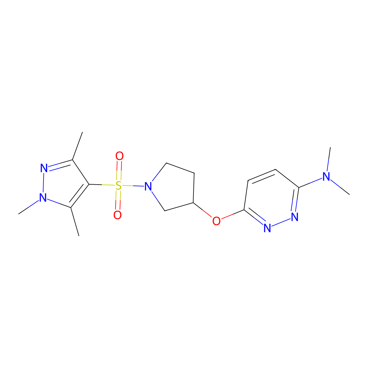 N,N-dimethyl-6-({1-[(1,3,5-trimethyl-1H-pyrazol-4-yl)sulfonyl]pyrrolidin-3-yl}oxy)pyridazin-3-amine molecular structure, CAS 2034501-43-2