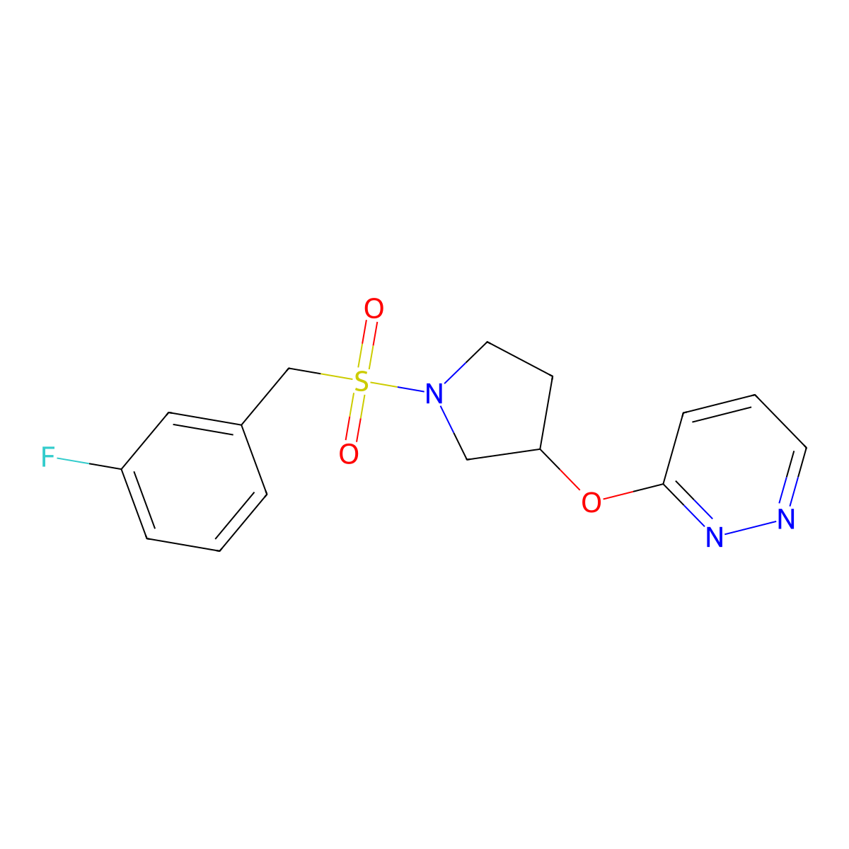 3-((1-((3-Fluorobenzyl)sulfonyl)pyrrolidin-3-yl)oxy)pyridazine molecular structure, CAS 2034501-50-1