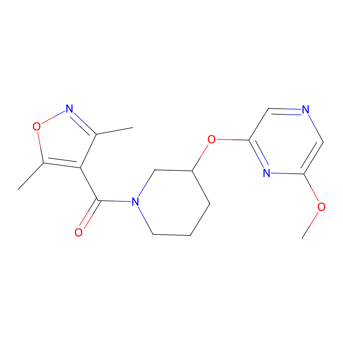 (3,5-Dimethylisoxazol-4-yl)(3-((6-methoxypyrazin-2-yl)oxy)piperidin-1-yl)methanone molecular structure, CAS 2034501-65-8