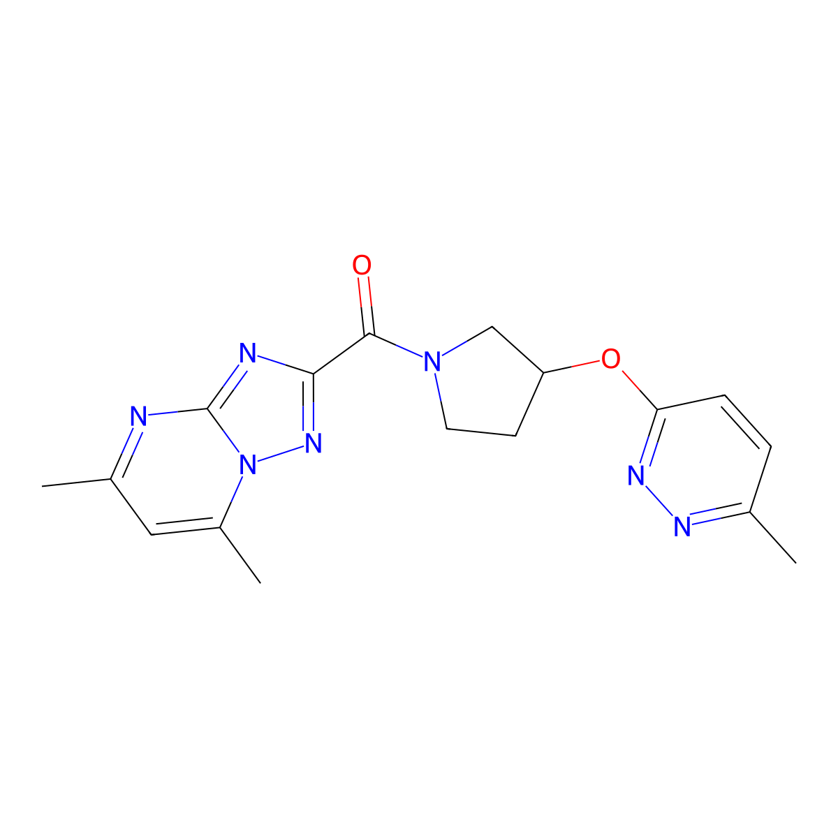 (5,7-Dimethyl-[1,2,4]triazolo[1,5-a]pyrimidin-2-yl)(3-((6-methylpyridazin-3-yl)oxy)pyrrolidin-1-yl)methanone molecular structure, CAS 2034501-82-9