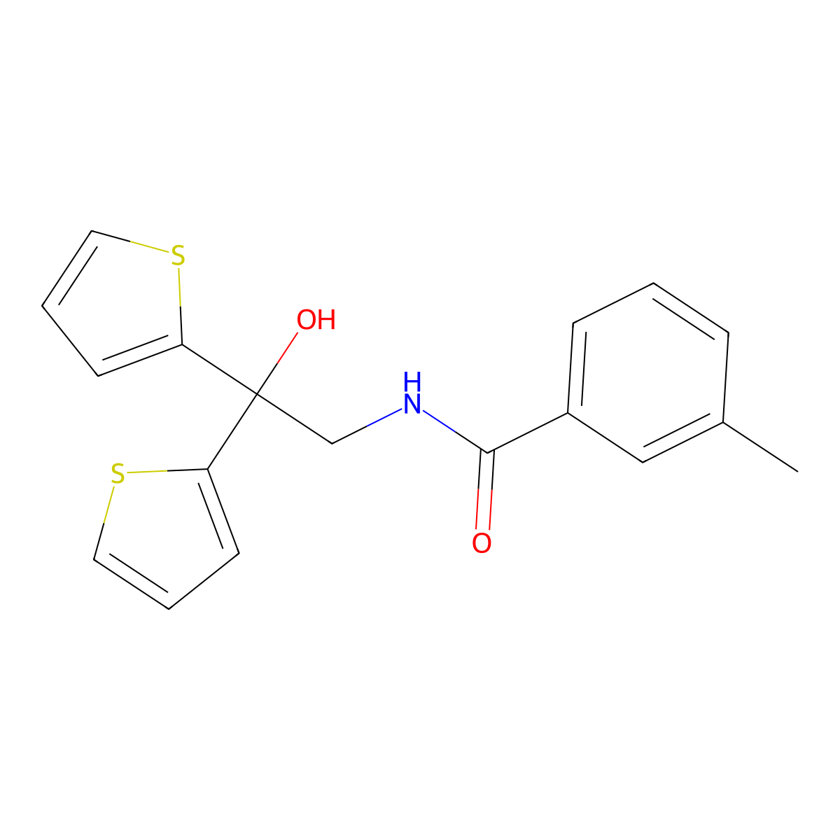 N-(2-hydroxy-2,2-di(thiophen-2-yl)ethyl)-3-methylbenzamide molecular structure, CAS 2034501-95-4