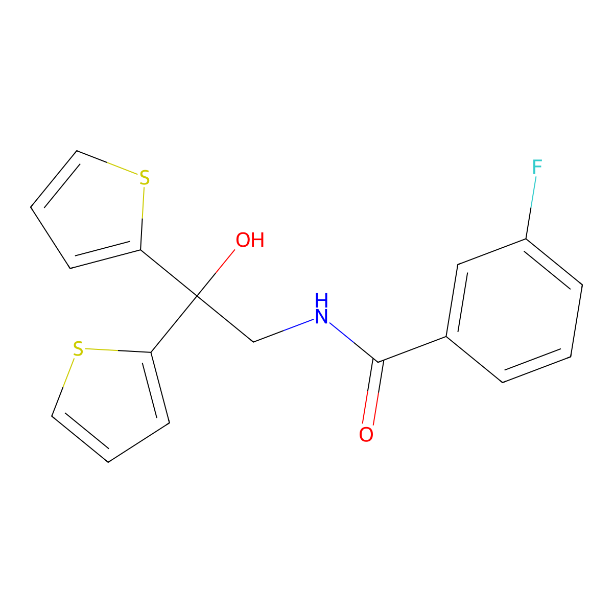 3-fluoro-N-(2-hydroxy-2,2-di(thiophen-2-yl)ethyl)benzamide molecular structure, CAS 2034501-98-7