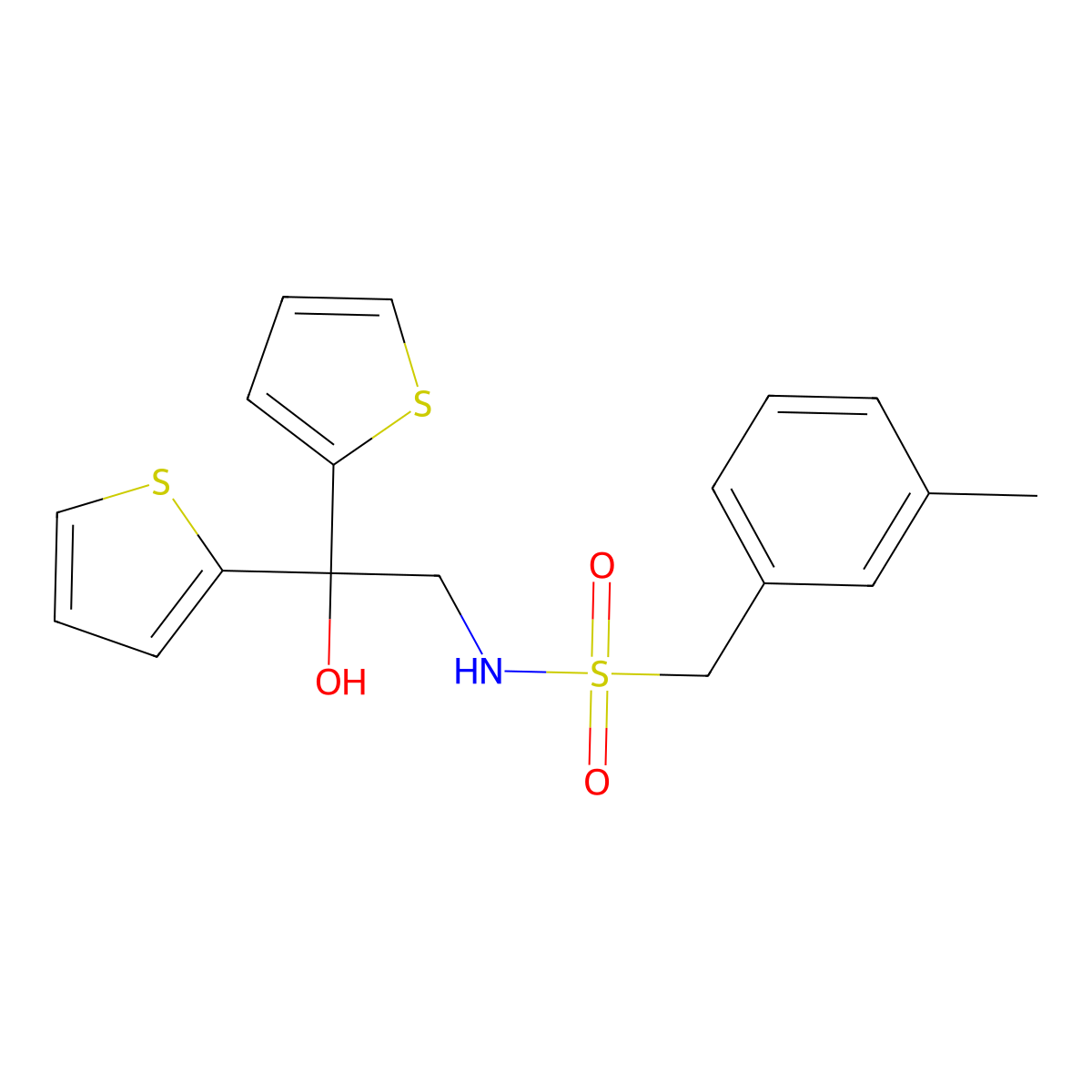 N-(2-hydroxy-2,2-di(thiophen-2-yl)ethyl)-1-(m-tolyl)methanesulfonamide molecular structure, CAS 2034502-14-0